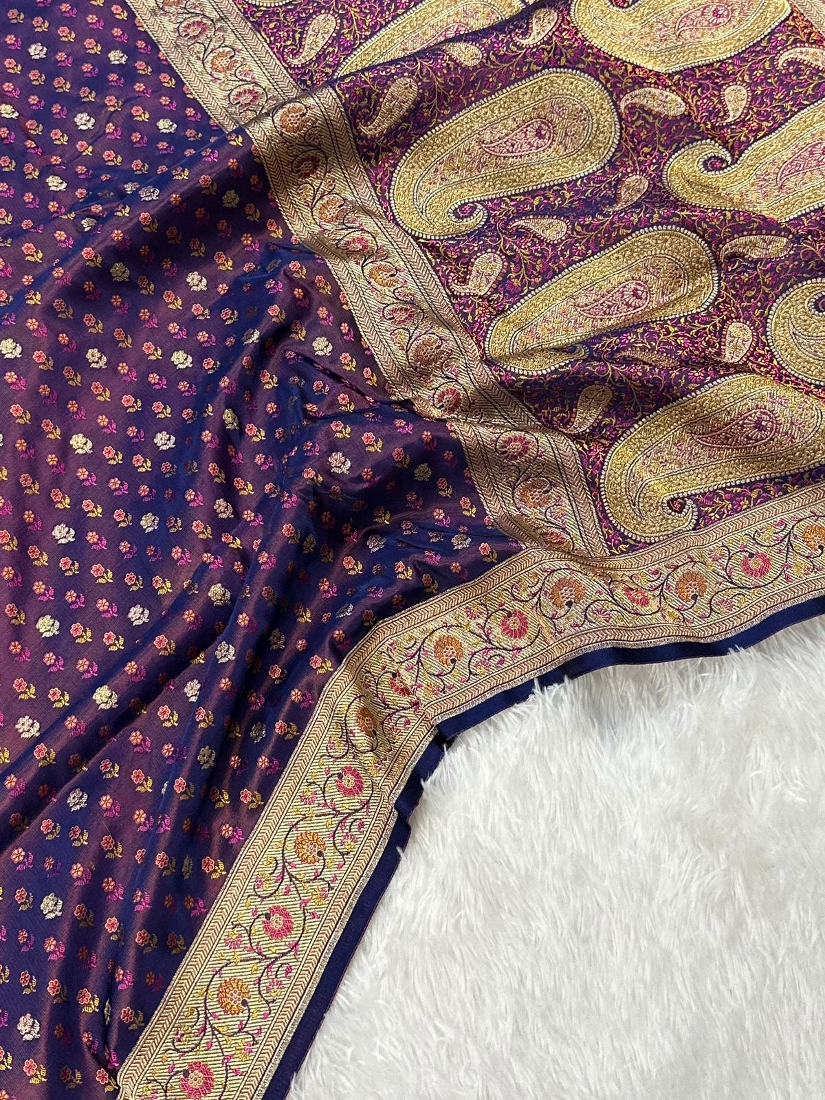 Jamawar Meenedar Buti Satin Katan Silk Banarasi Saree