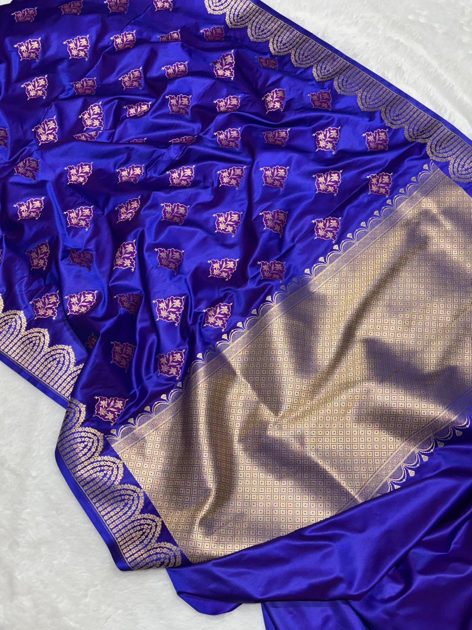 Royal Blue with Gold and Pink floral patterns Mashru SIlk Banarasi Saree