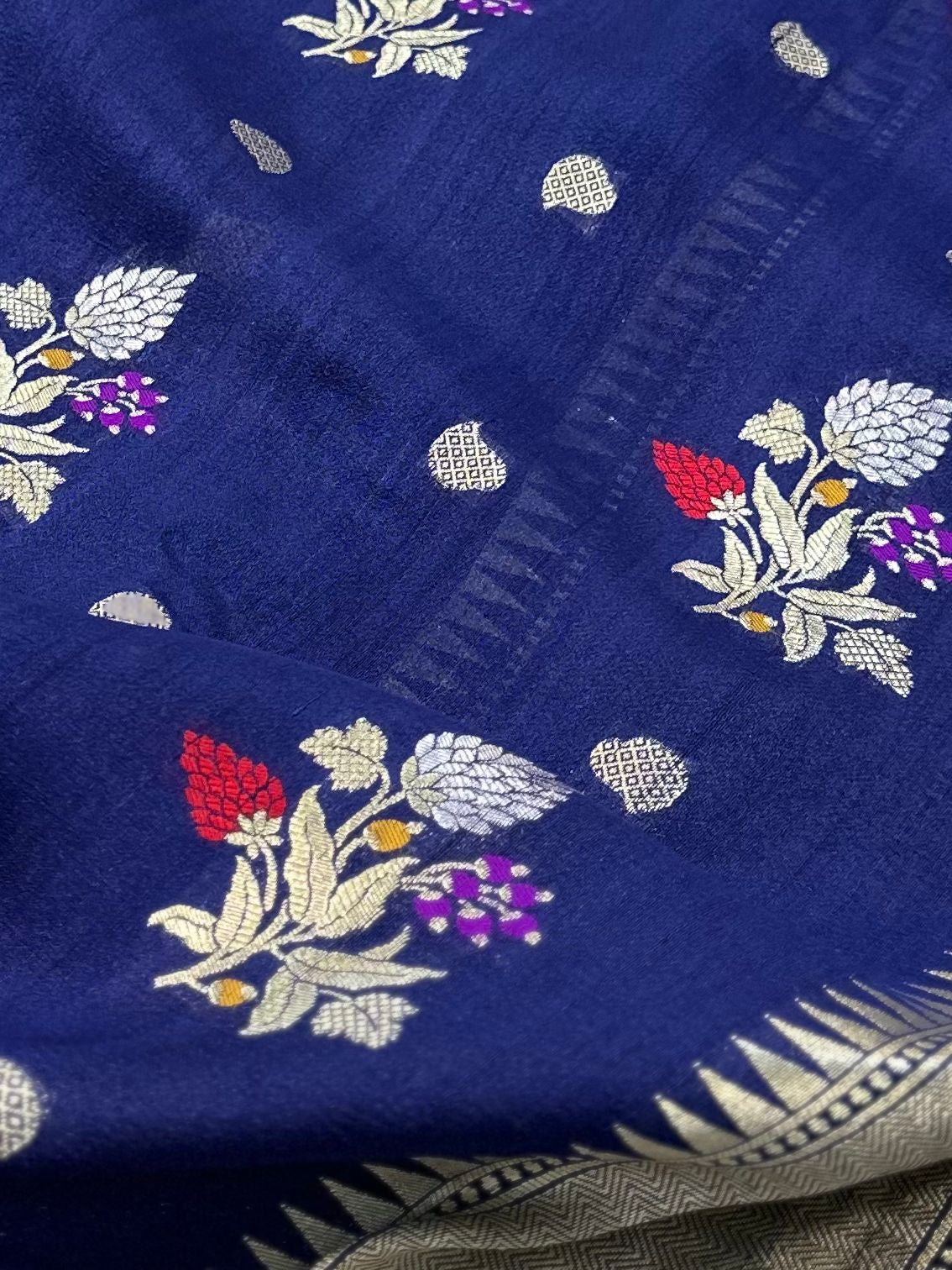 Pure Desi Tussar Navy Blue Meenakari Jangla Pattern