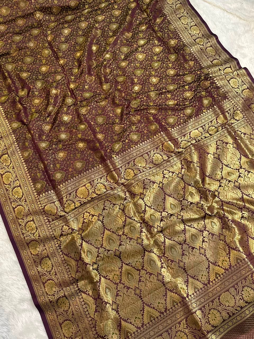 Shade of Purple and Gold Mashru Tanhui Banarasi Saree
