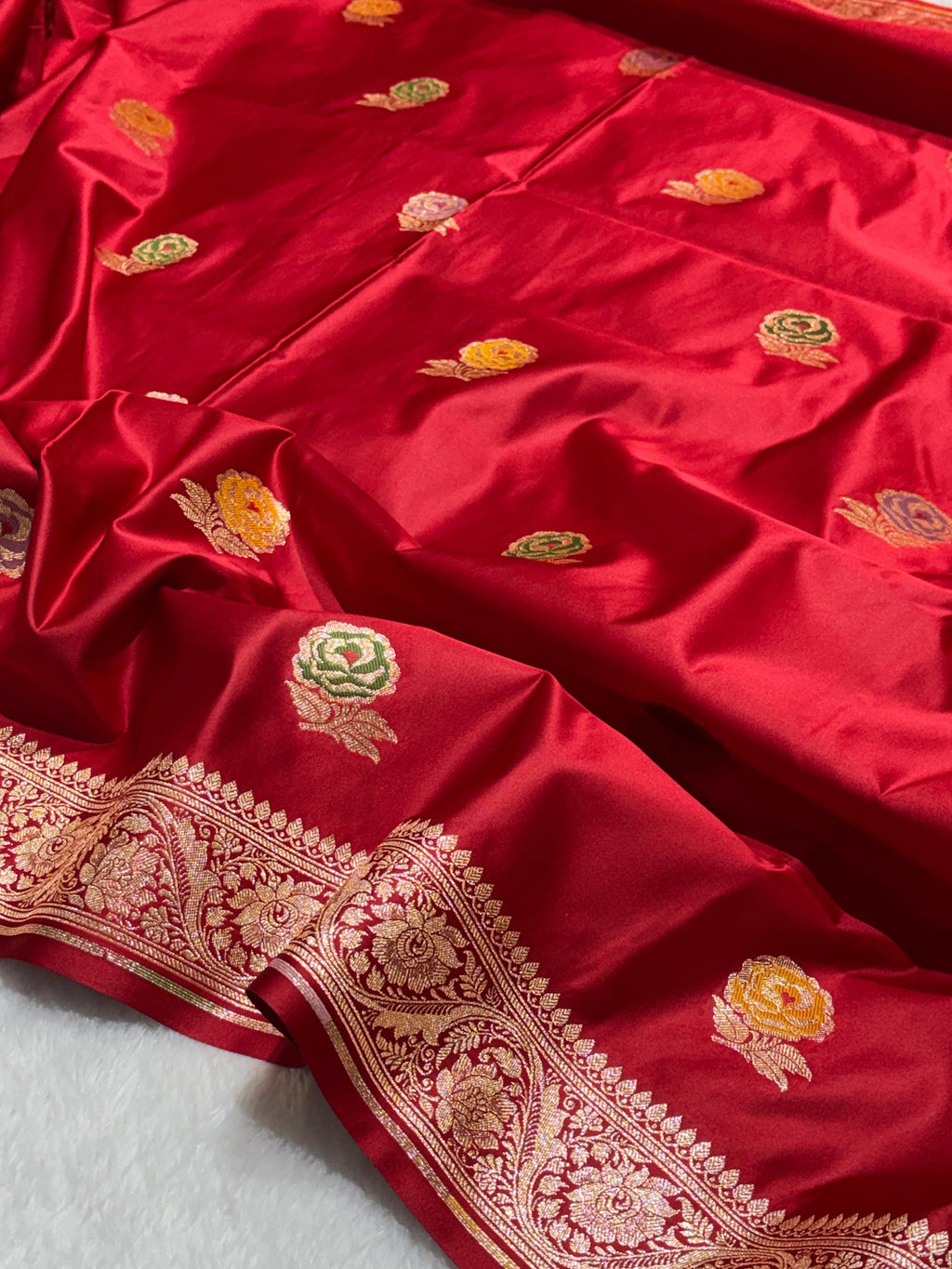 Bridal Red Meena Buta Mashru Silk Banarasi Saree