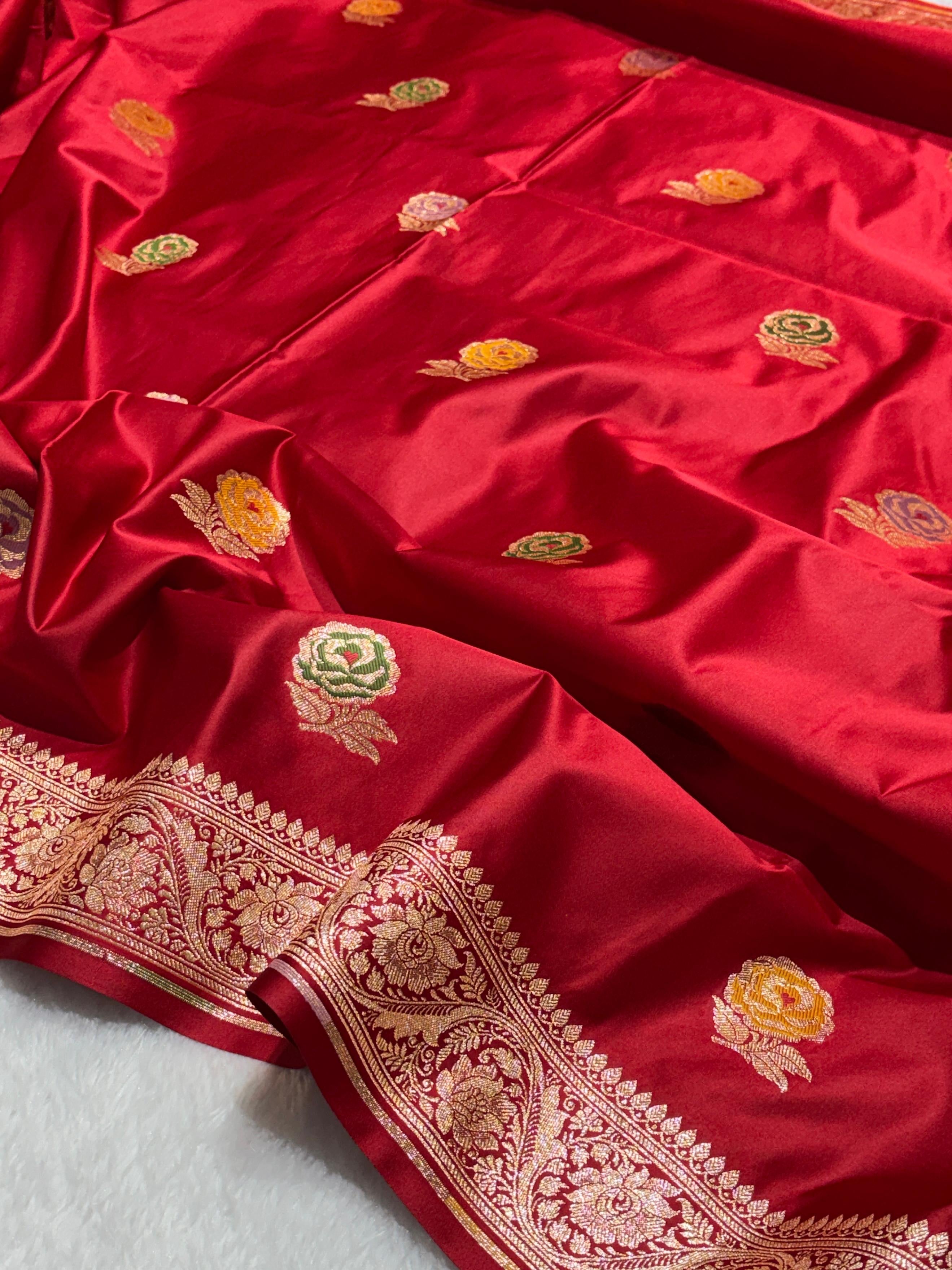 Bridal Red Meena Buta Mashru Silk Banarasi Saree