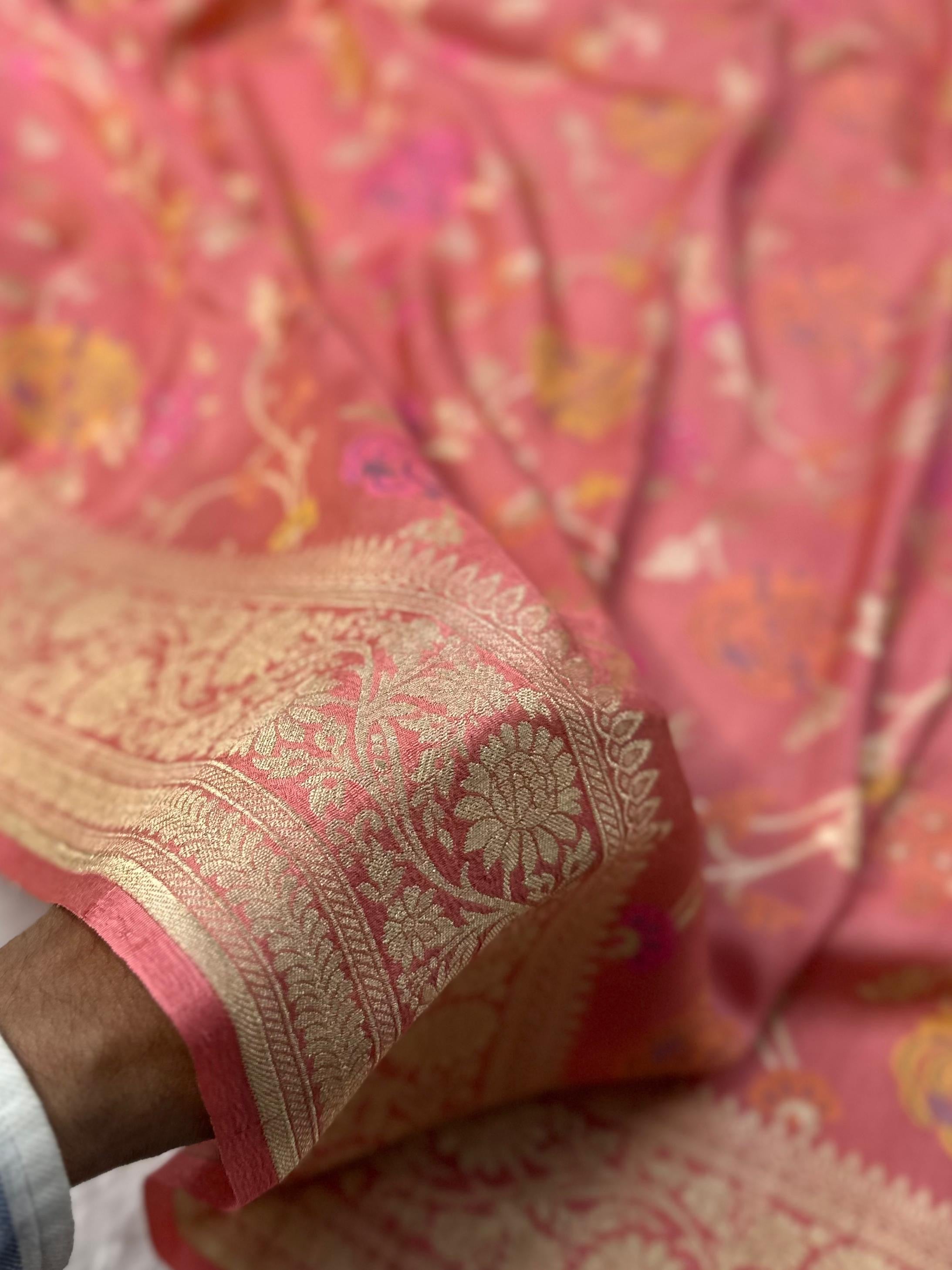 Peach Handwoven Desi Tussar Georgette Banarasi Saree