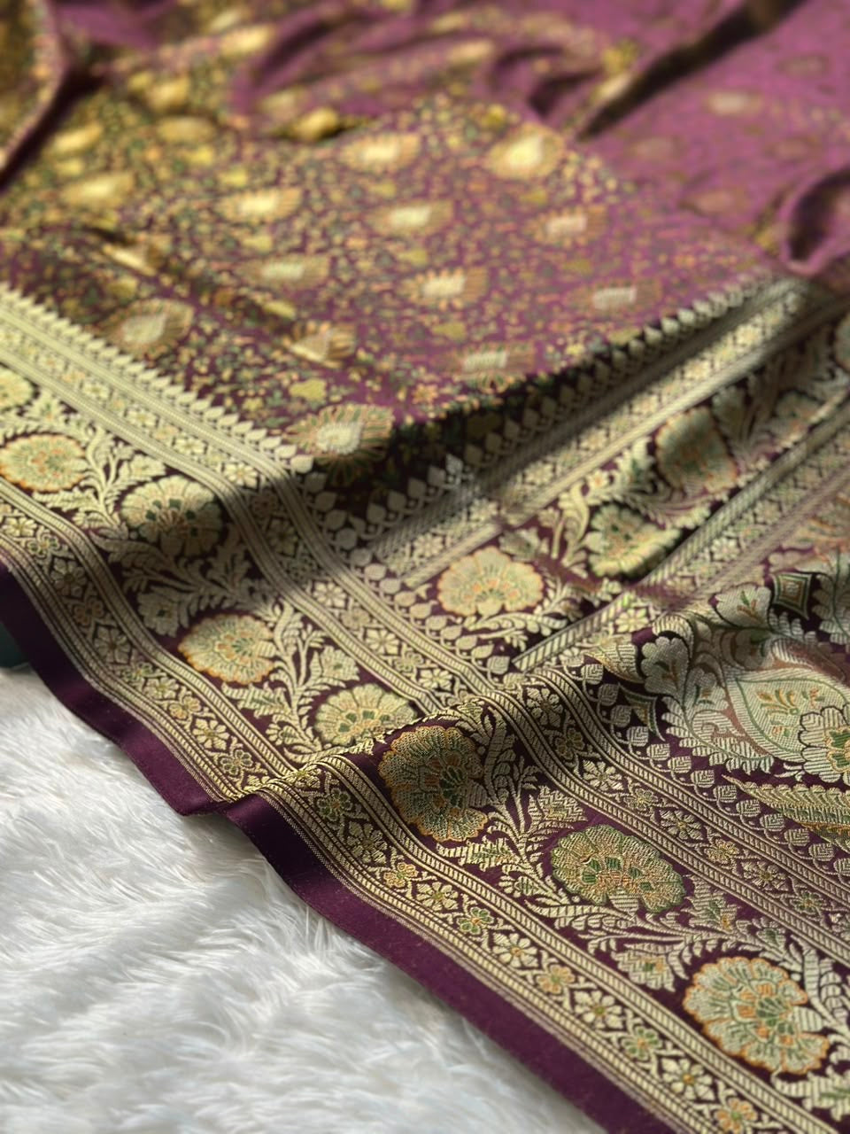 Shade of Purple and Gold Mashru Tanhui Banarasi Saree