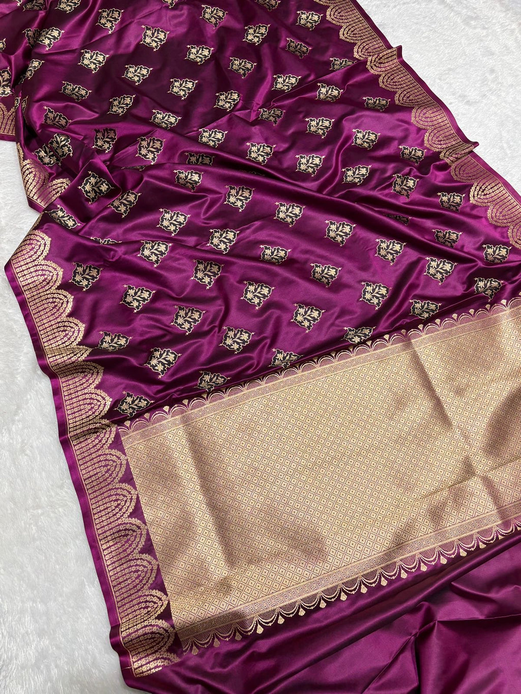 Purple with Gold and Green floral patterns Mashru SIlk Banarasi Saree