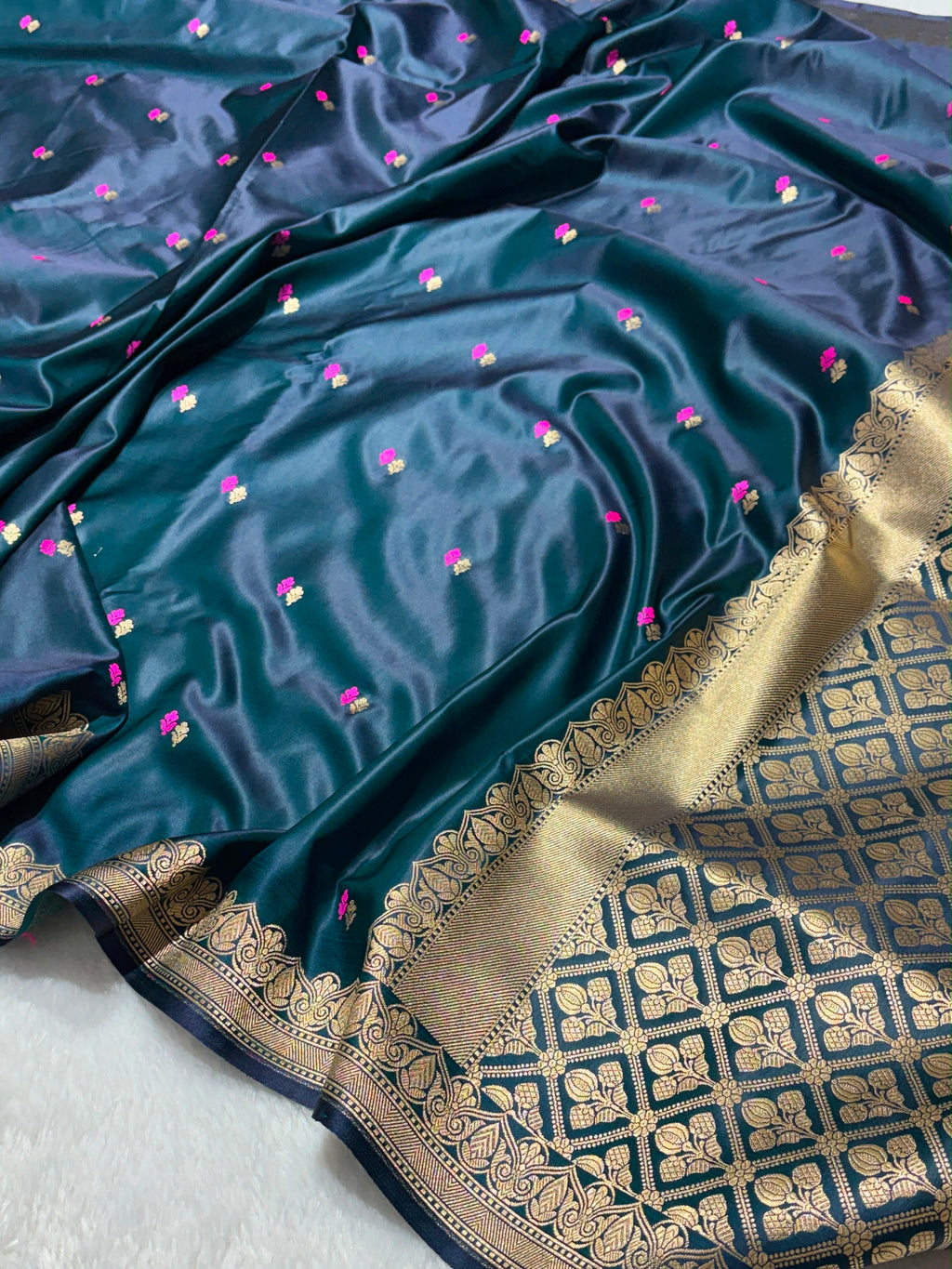 Dot Buta Dark Teal Blue Mashru Silk Banarasi Saree in