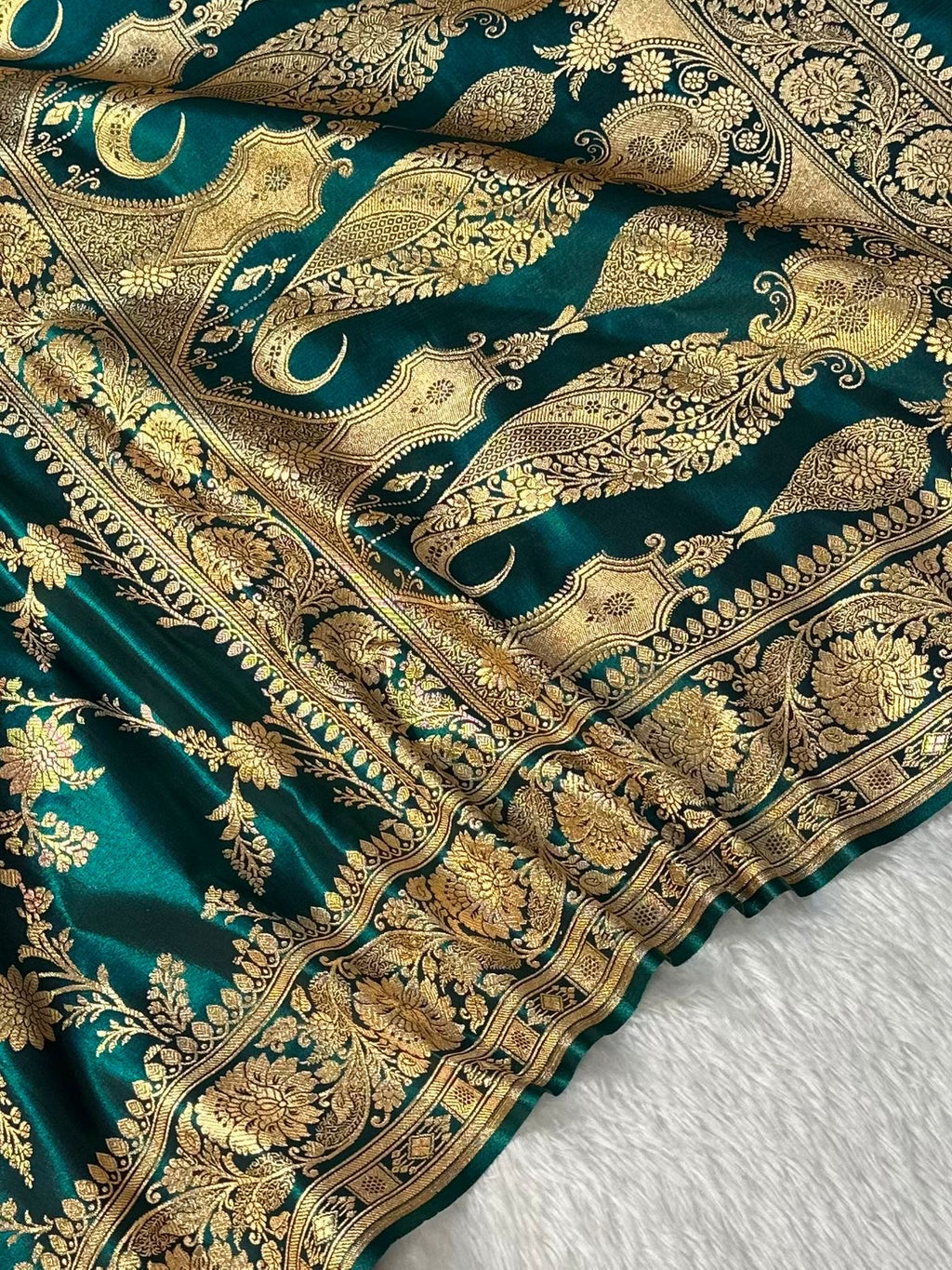Teal Green Satin Silk Banarasi Jaal Pattern Saree