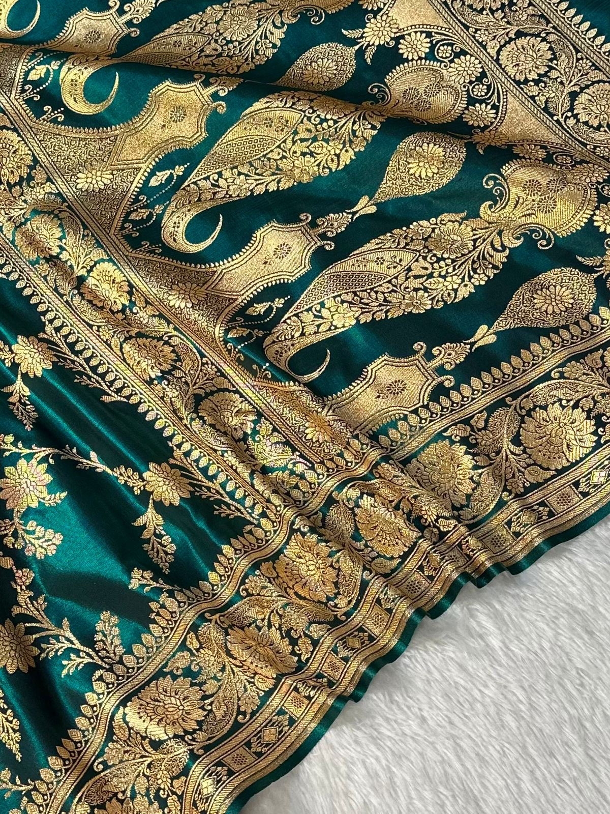 Teal Green Satin Silk Banarasi Jaal Pattern Saree