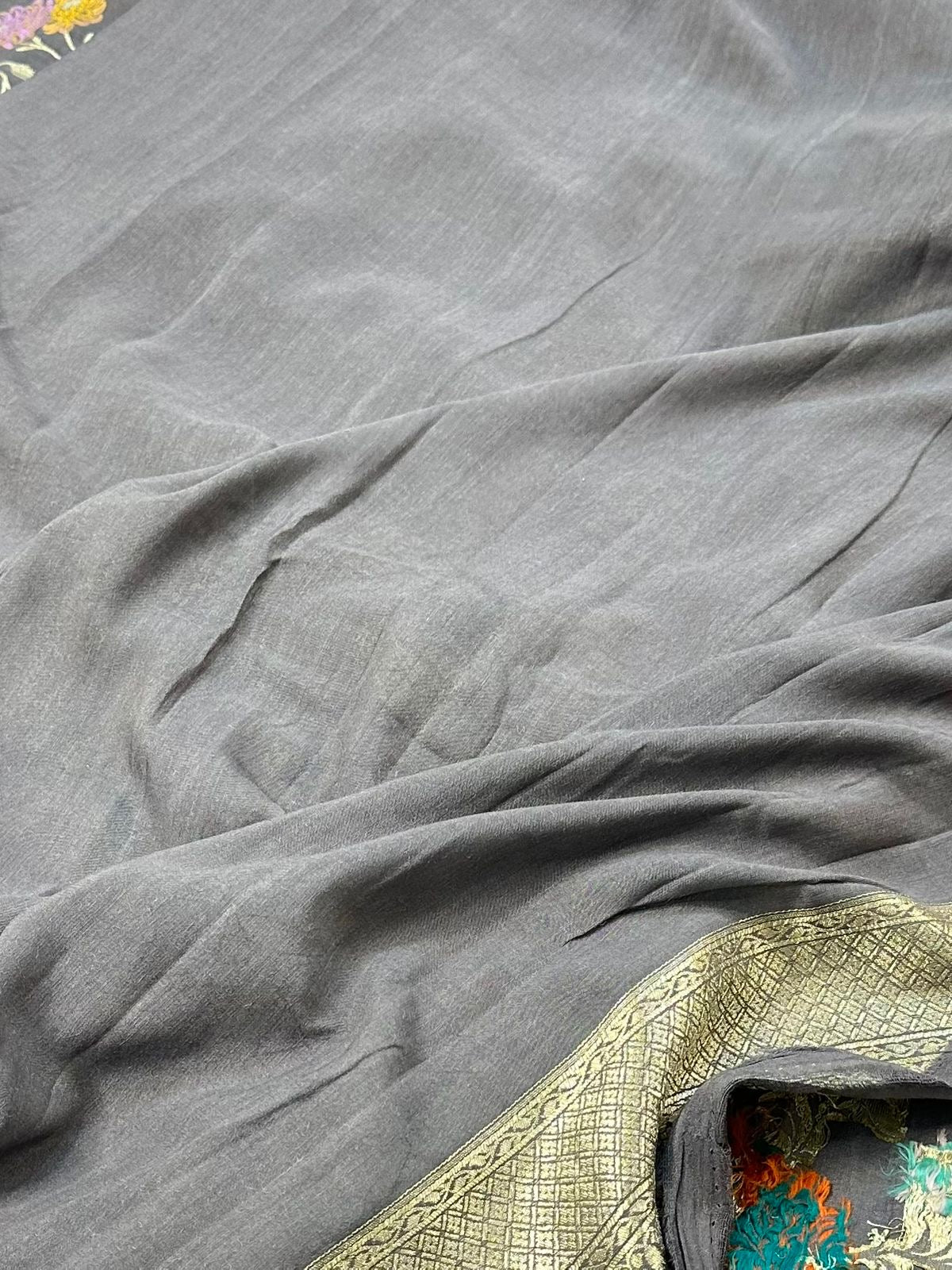 Pure Desi Tussar Ash Grey Meenakari Jangla Pattern