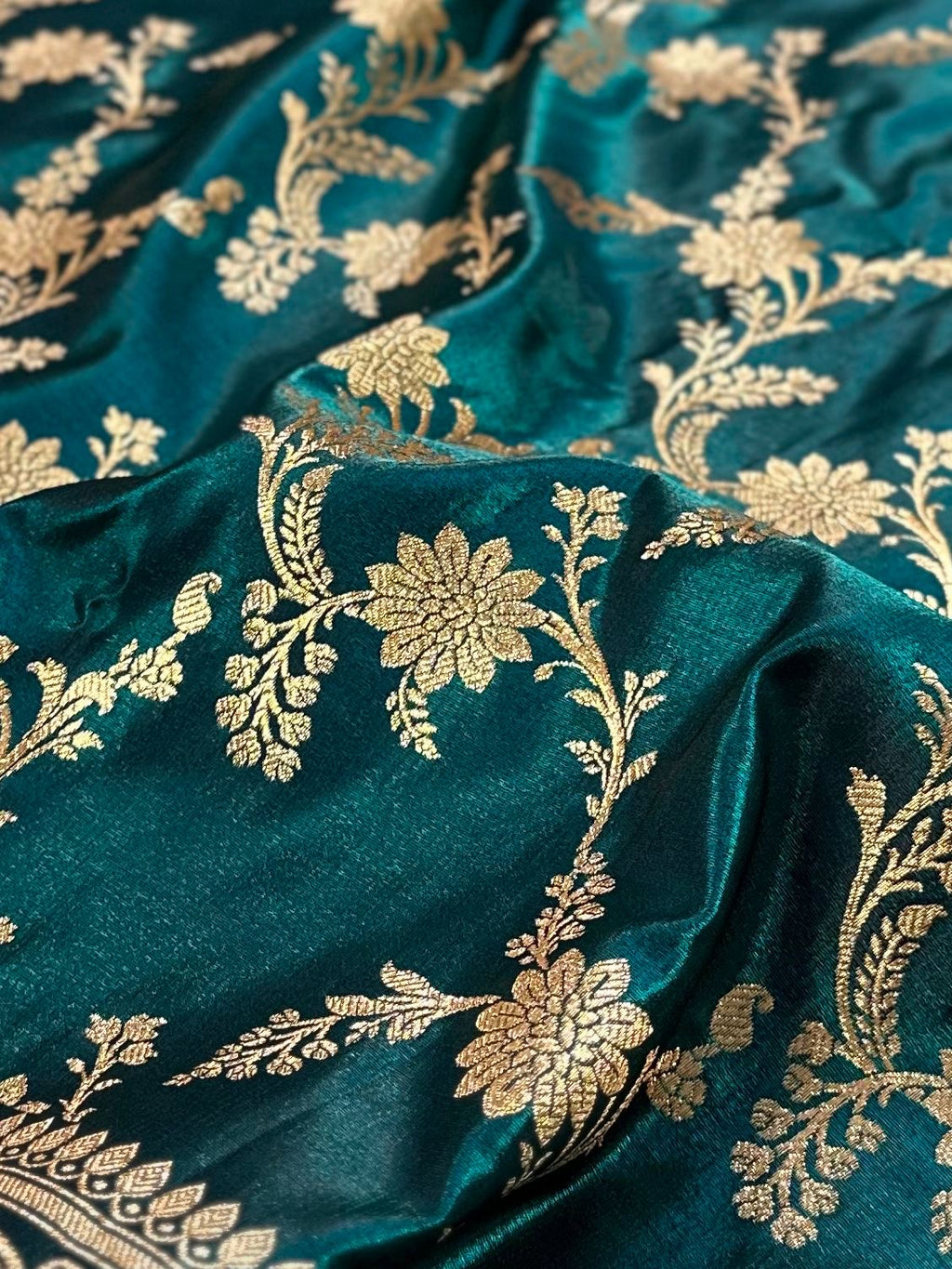 Teal Green Satin Silk Banarasi Jaal Pattern Saree