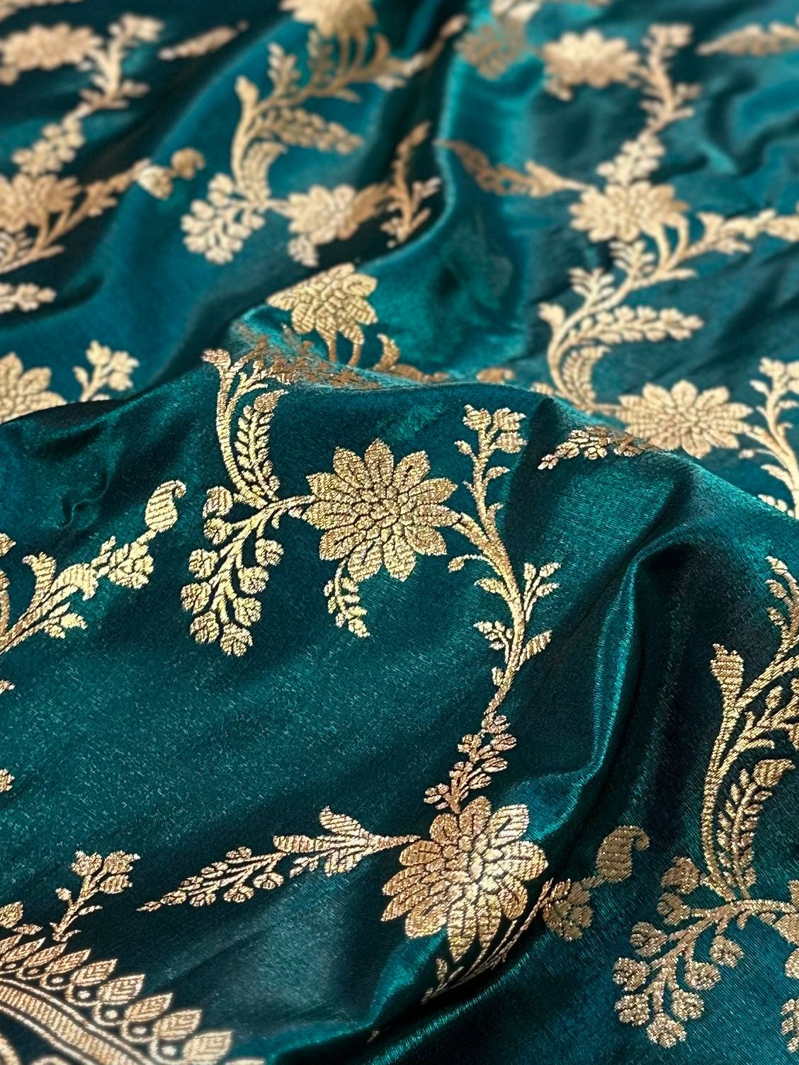 Teal Green Satin Silk Banarasi Jaal Pattern Saree