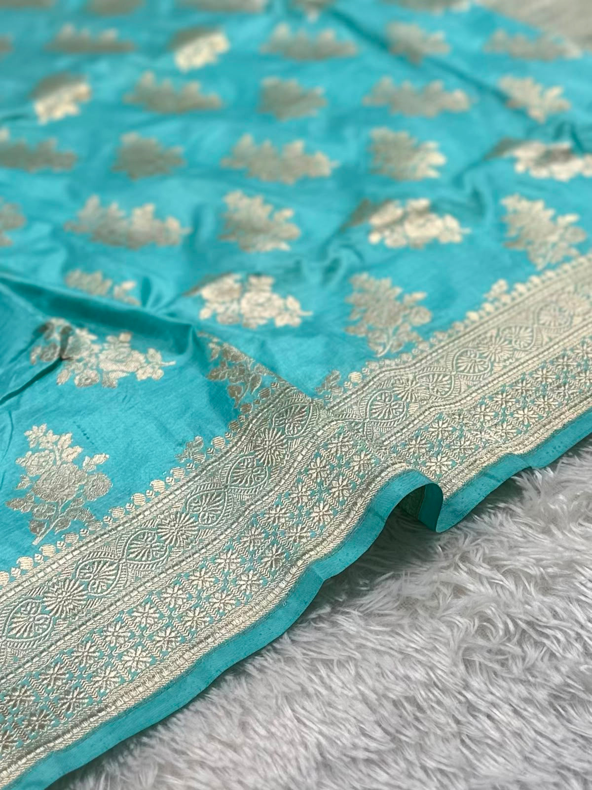 Aqua Blue Pure Katan Silk Banarasi Saree