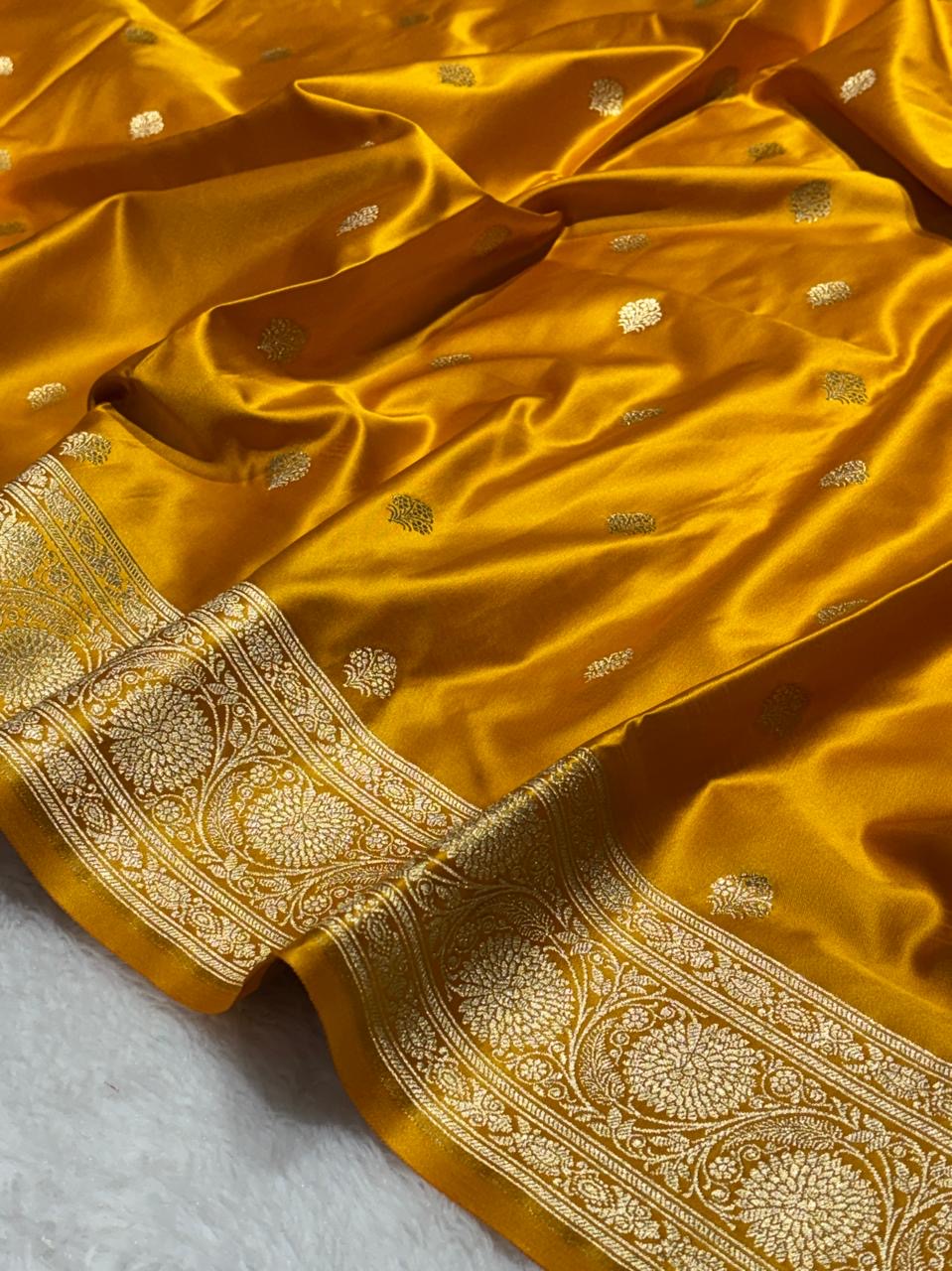 Banarasi Buti in Mustard Yellow Mashru Silk Saree