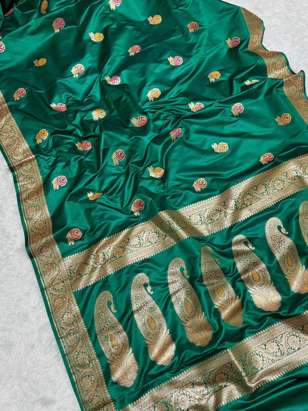 Rose Emerald Green Meena Buta Mashru Silk Banarasi Saree