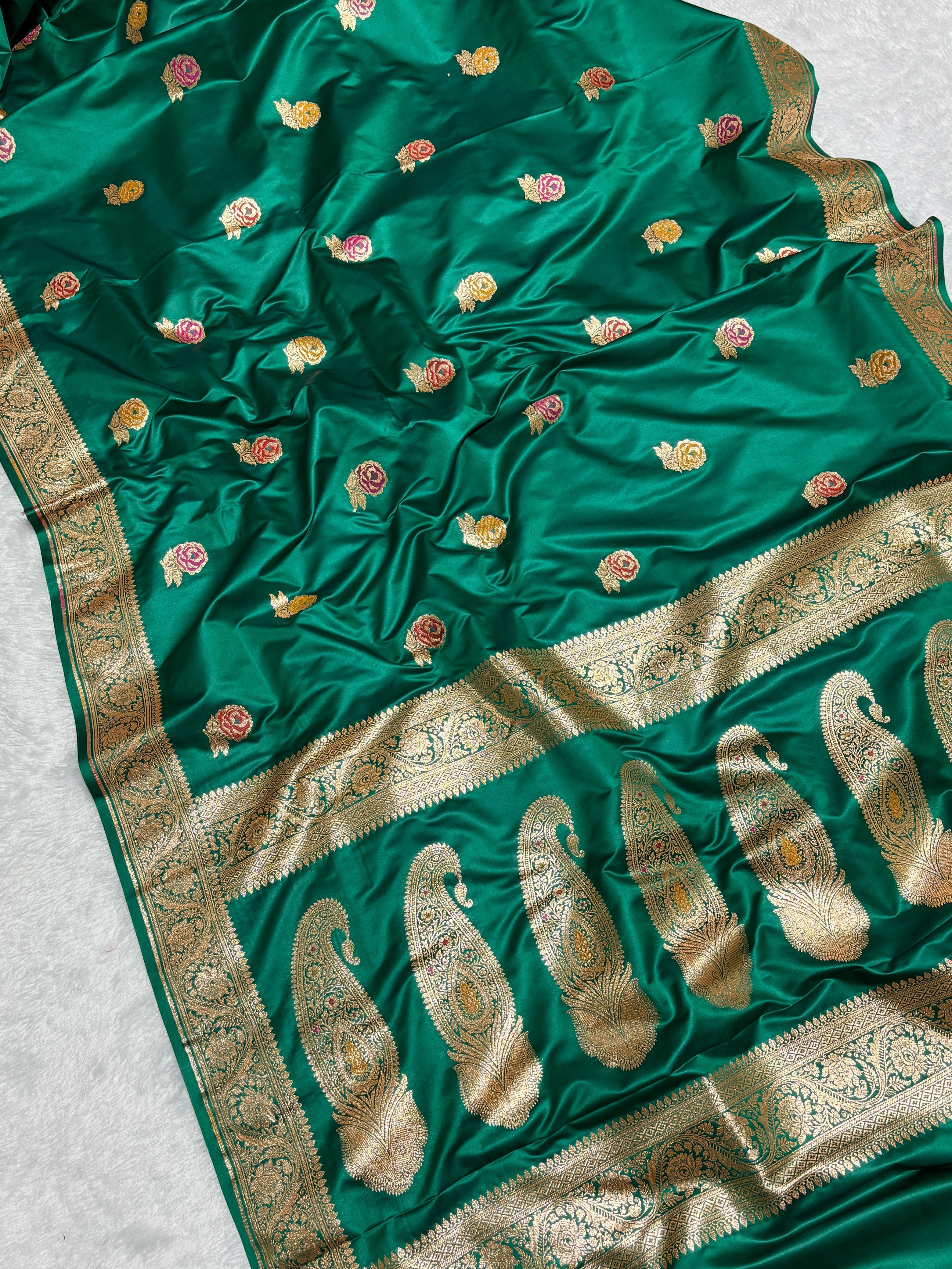 Rose Emerald Green Meena Buta Mashru Silk Banarasi Saree
