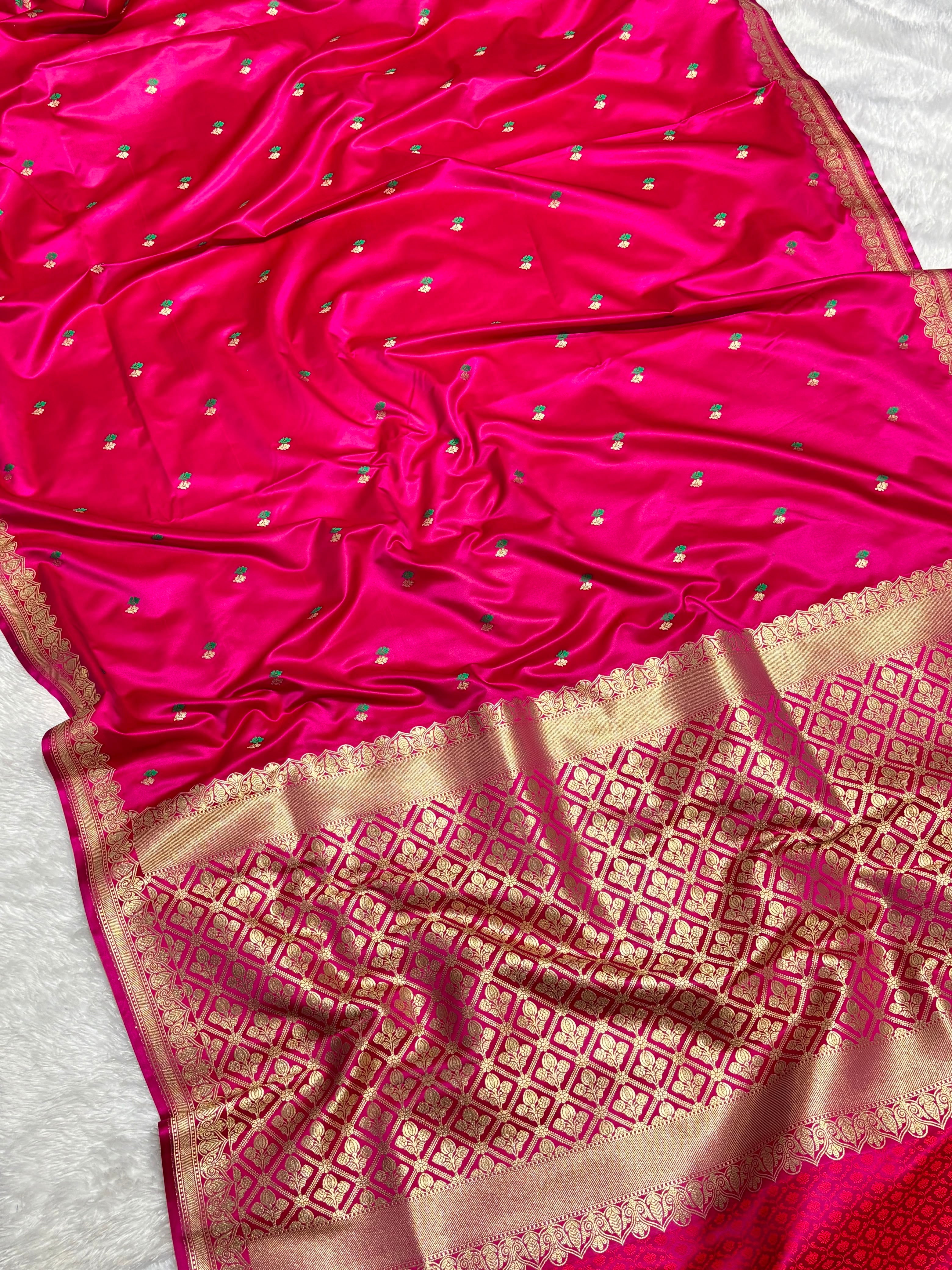 Bright Pink Dot Buta Mashru Silk Banarasi Saree