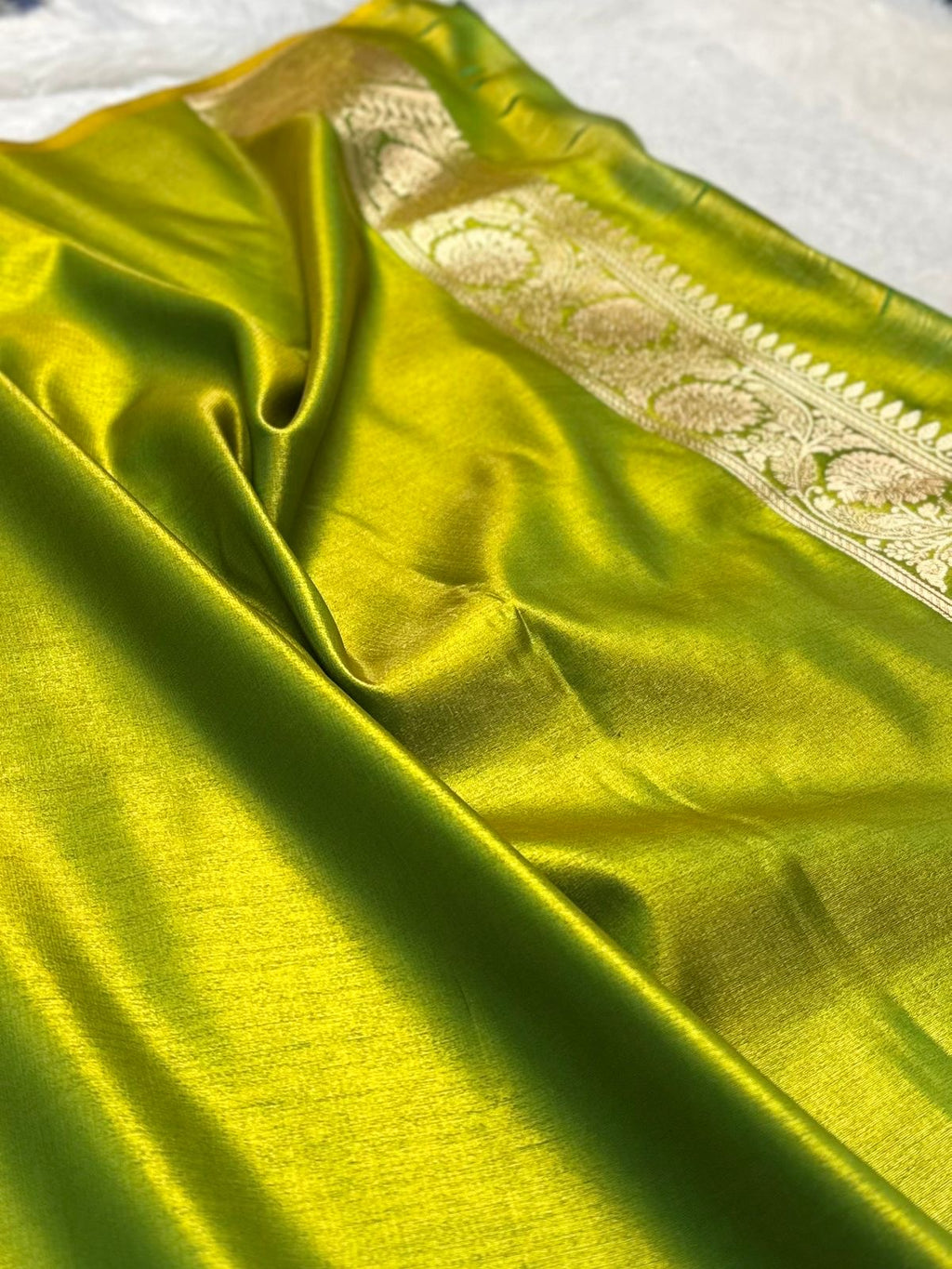 Lime Green Booti Satin Silk Saree