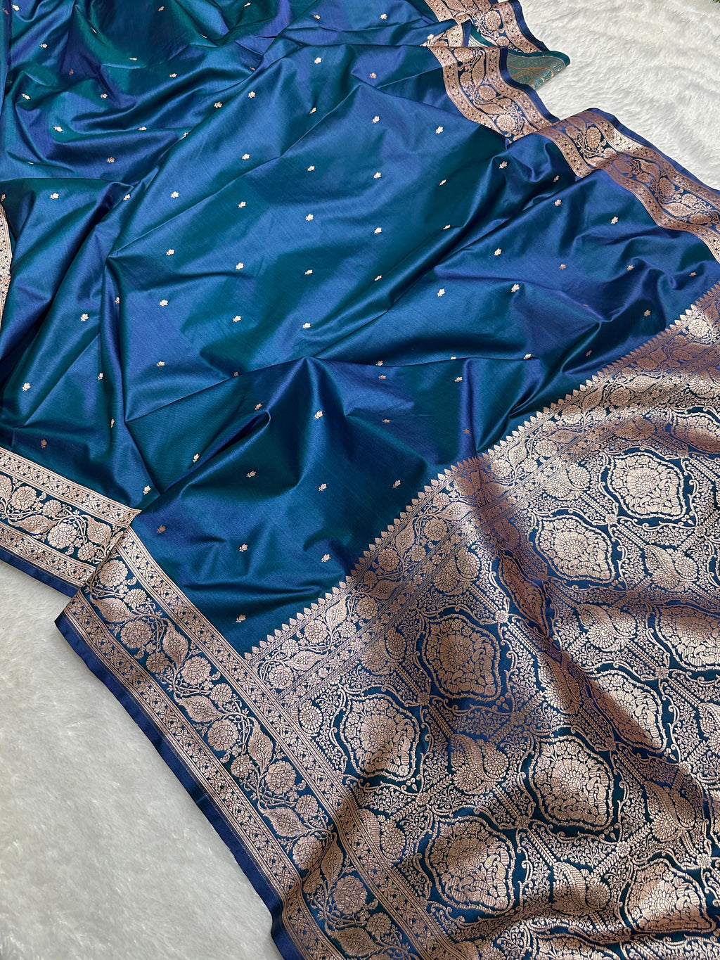 Premium Blue with Gold Buti Mashru Silk Saree with Grand Pallu