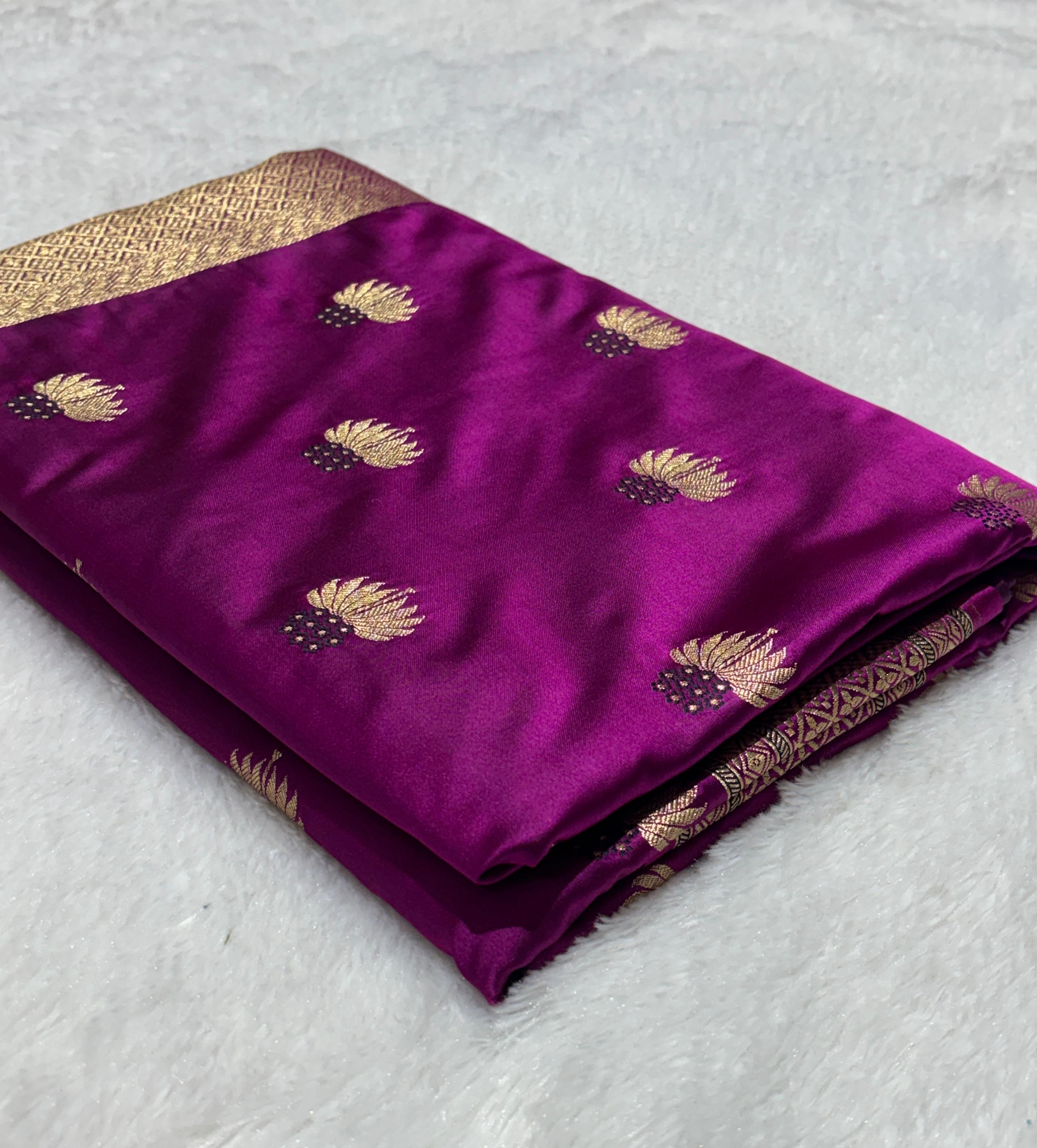 Mesmerising Magenta Color Mashru silk Saree with Gold Border and and Meena Buta in Intricate Patterns