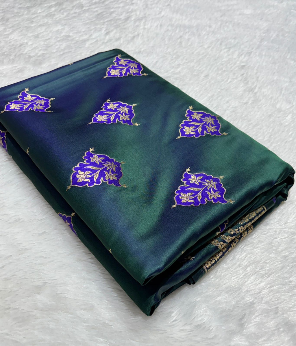 Bottle Green  with purple floral patterns Mashru SIlk Banarasi Saree