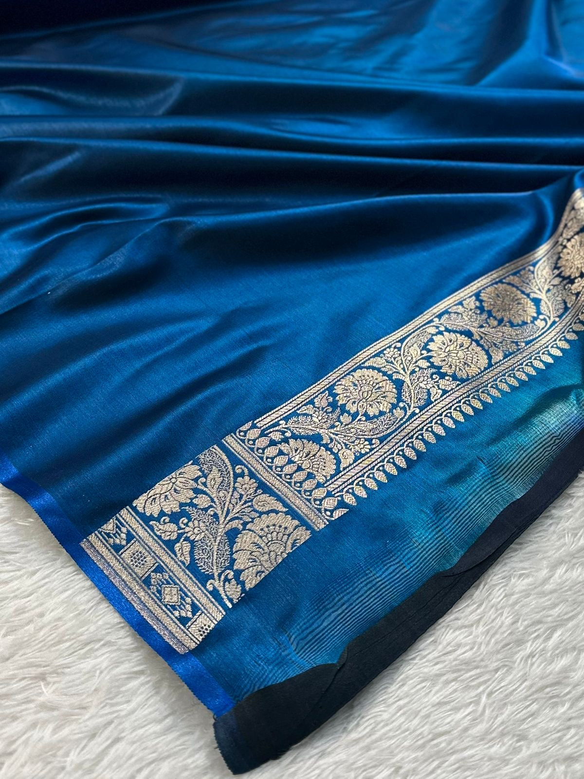 German Blue Booti Satin Silk Saree