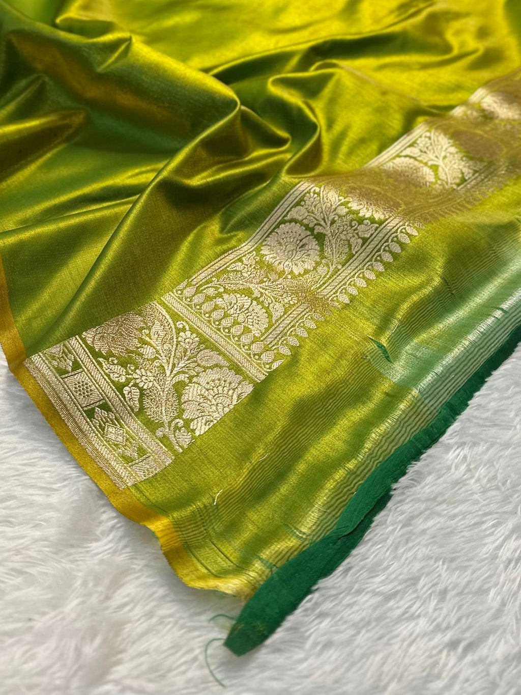 Lime Green Booti Satin Silk Saree