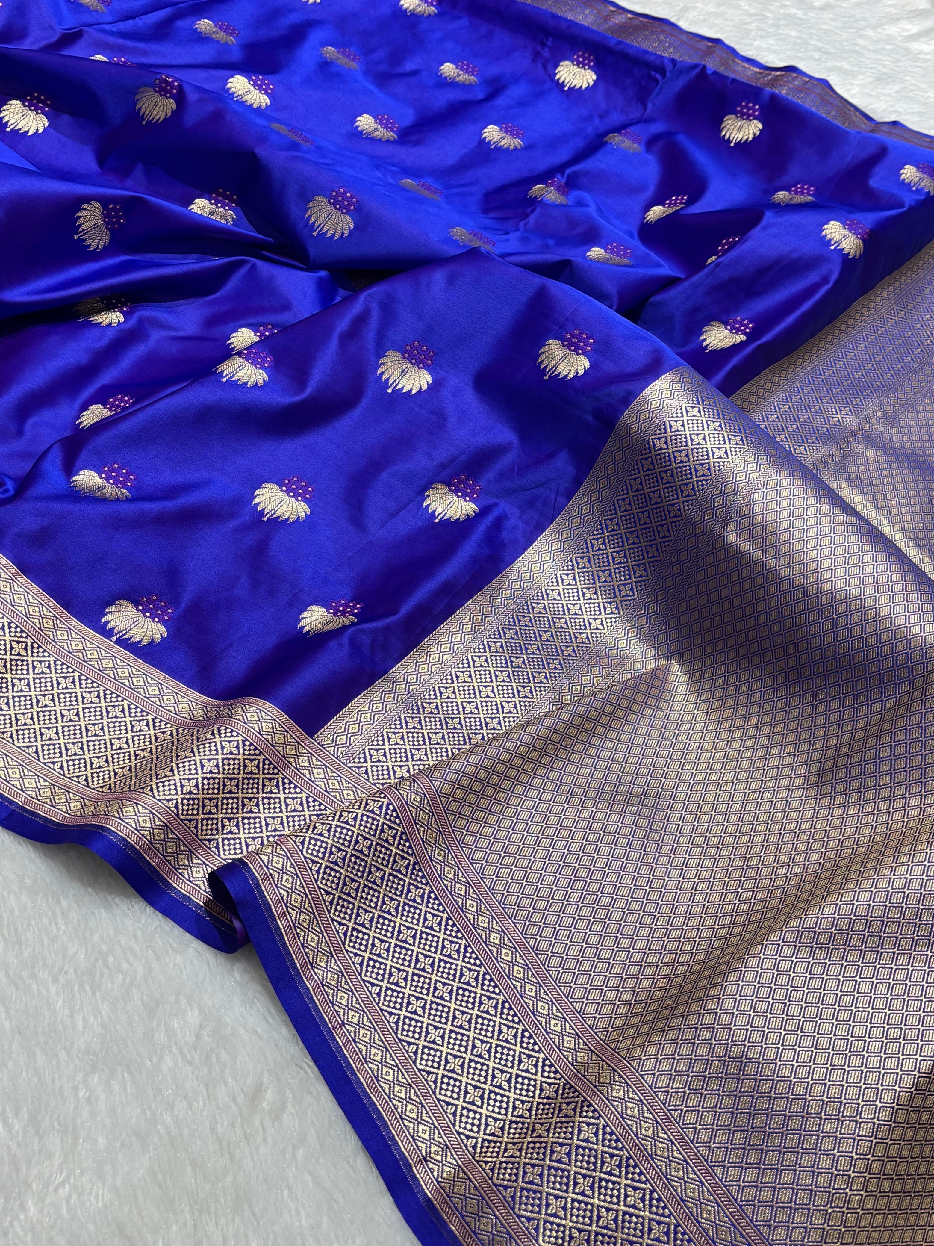 Royal Blue Shades Banarasi Boota Pattern Minakari Floral Mashru Silk Saree