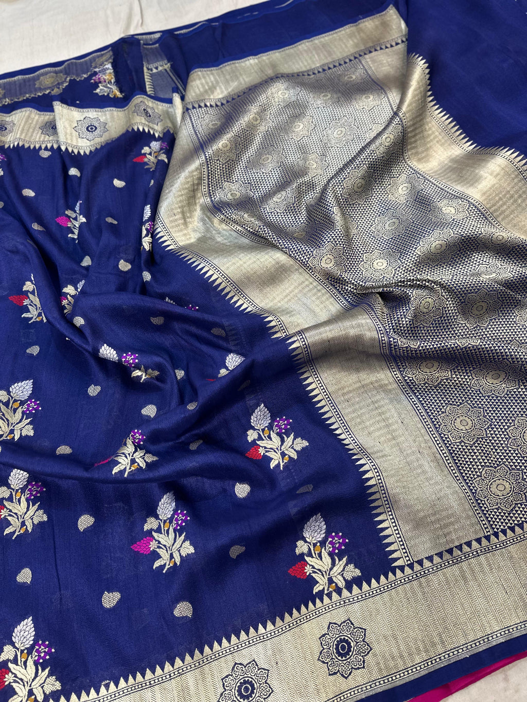 Pure Desi Tussar Navy Blue Meenakari Jangla Pattern