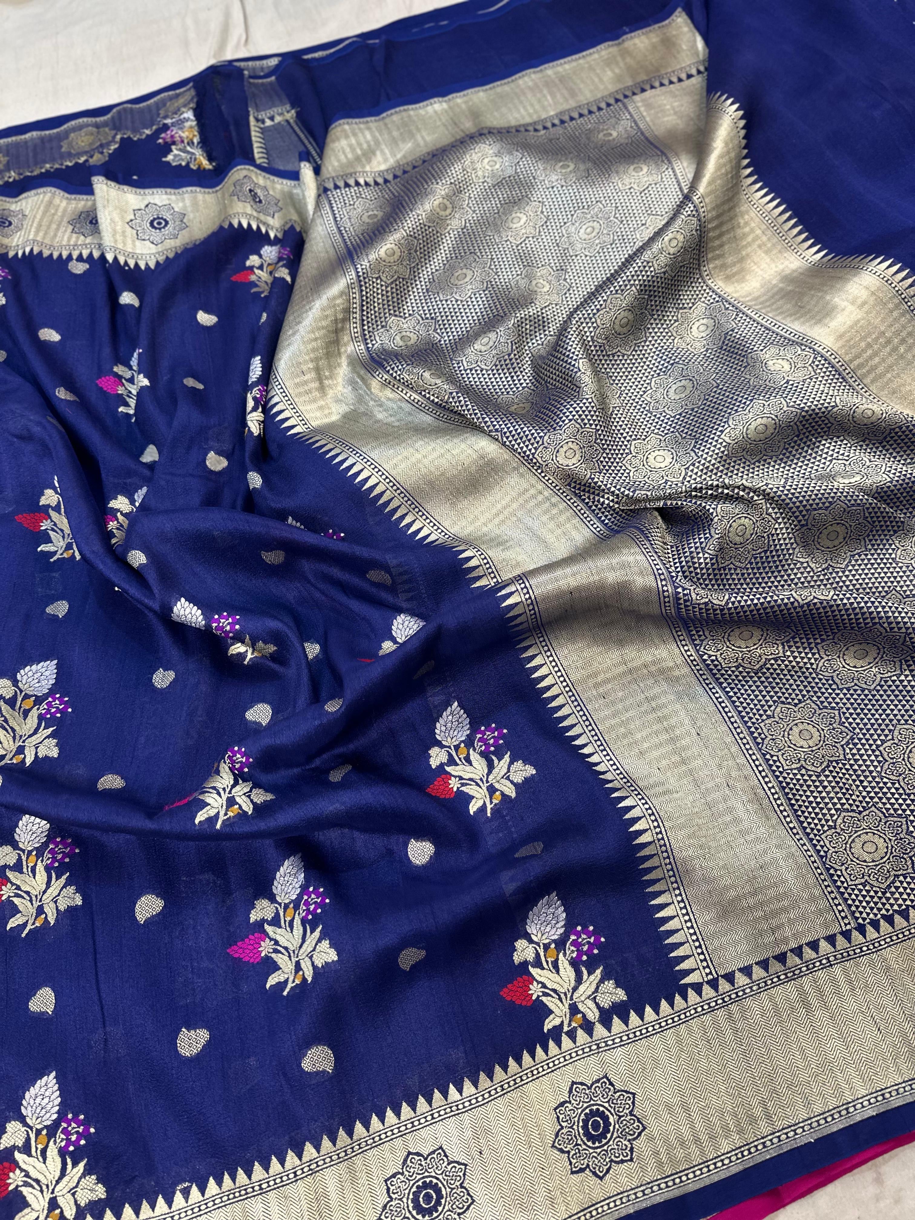 Pure Desi Tussar Navy Blue Meenakari Jangla Pattern