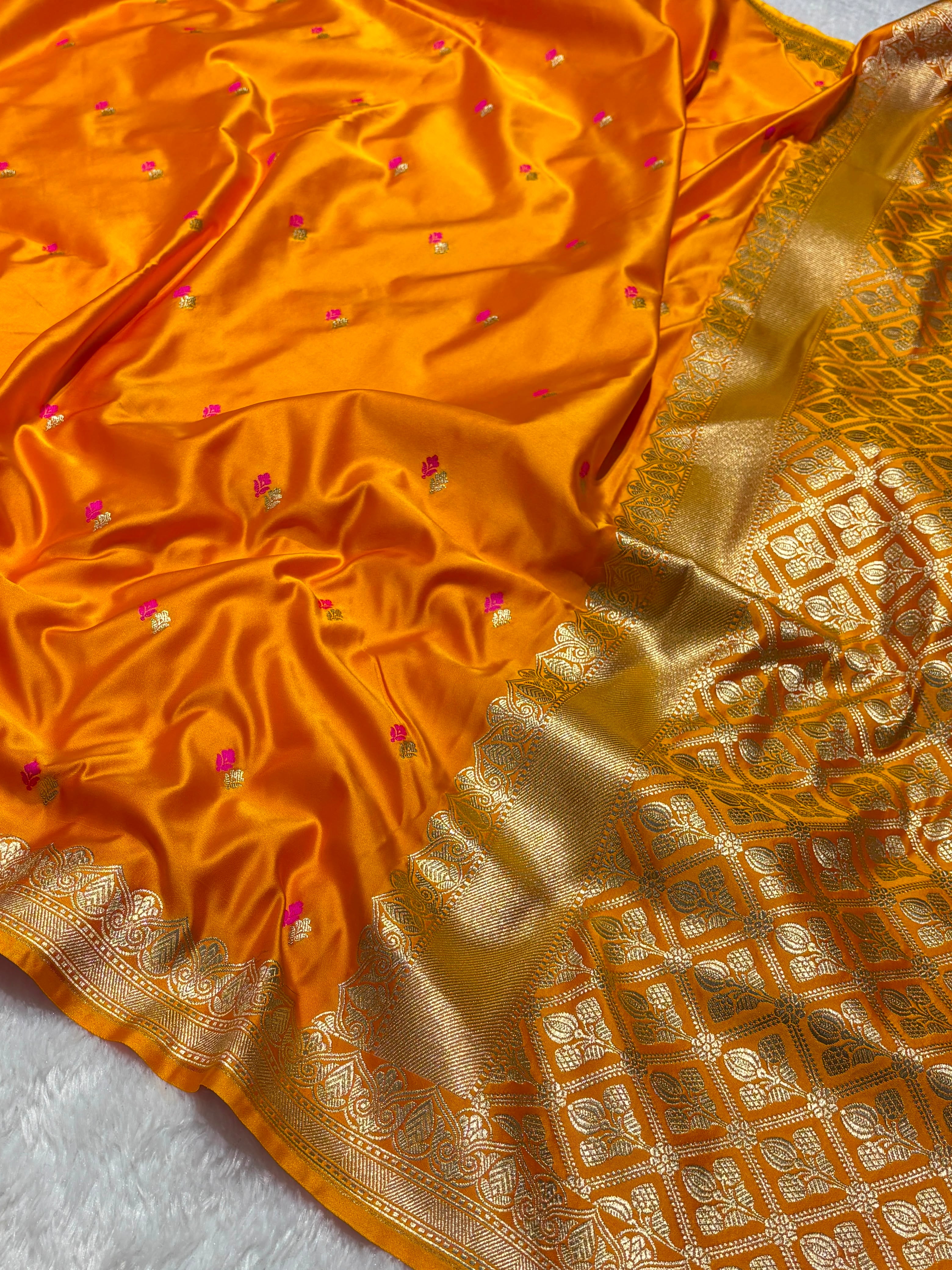 Dot Buta Saffron Orange Mashru Silk Banarasi Saree