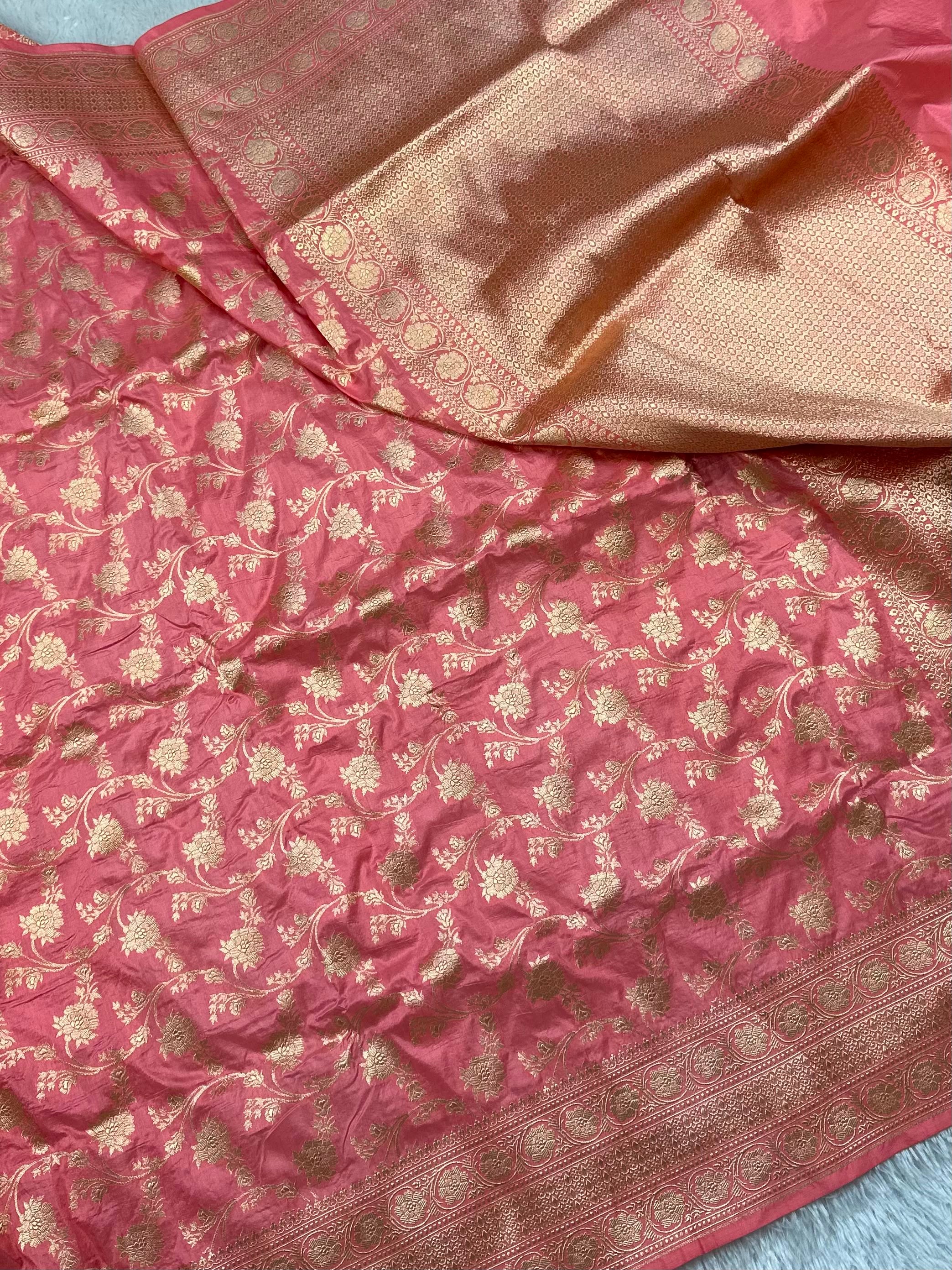 Pure Katan Silk Banarasi Saree in Peach Pink