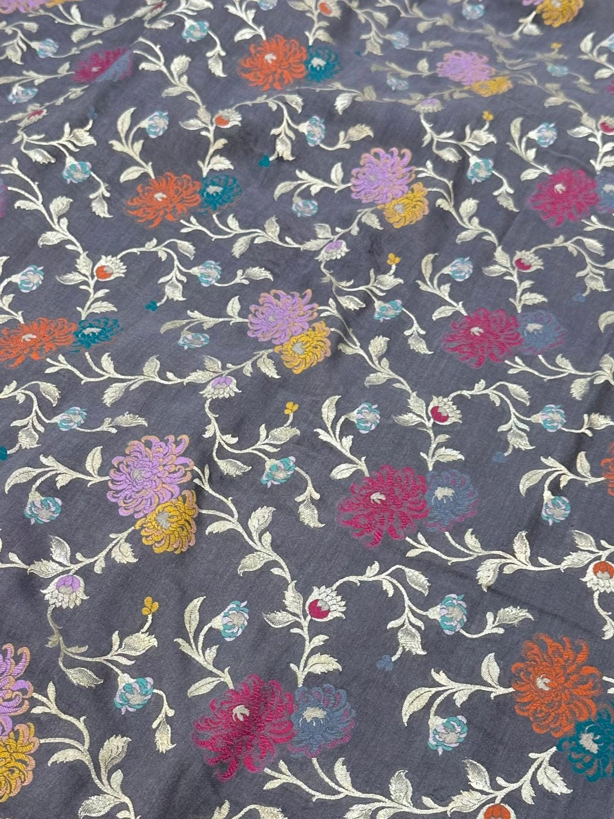 Pure Desi Tussar Ash Grey Meenakari Jangla Pattern