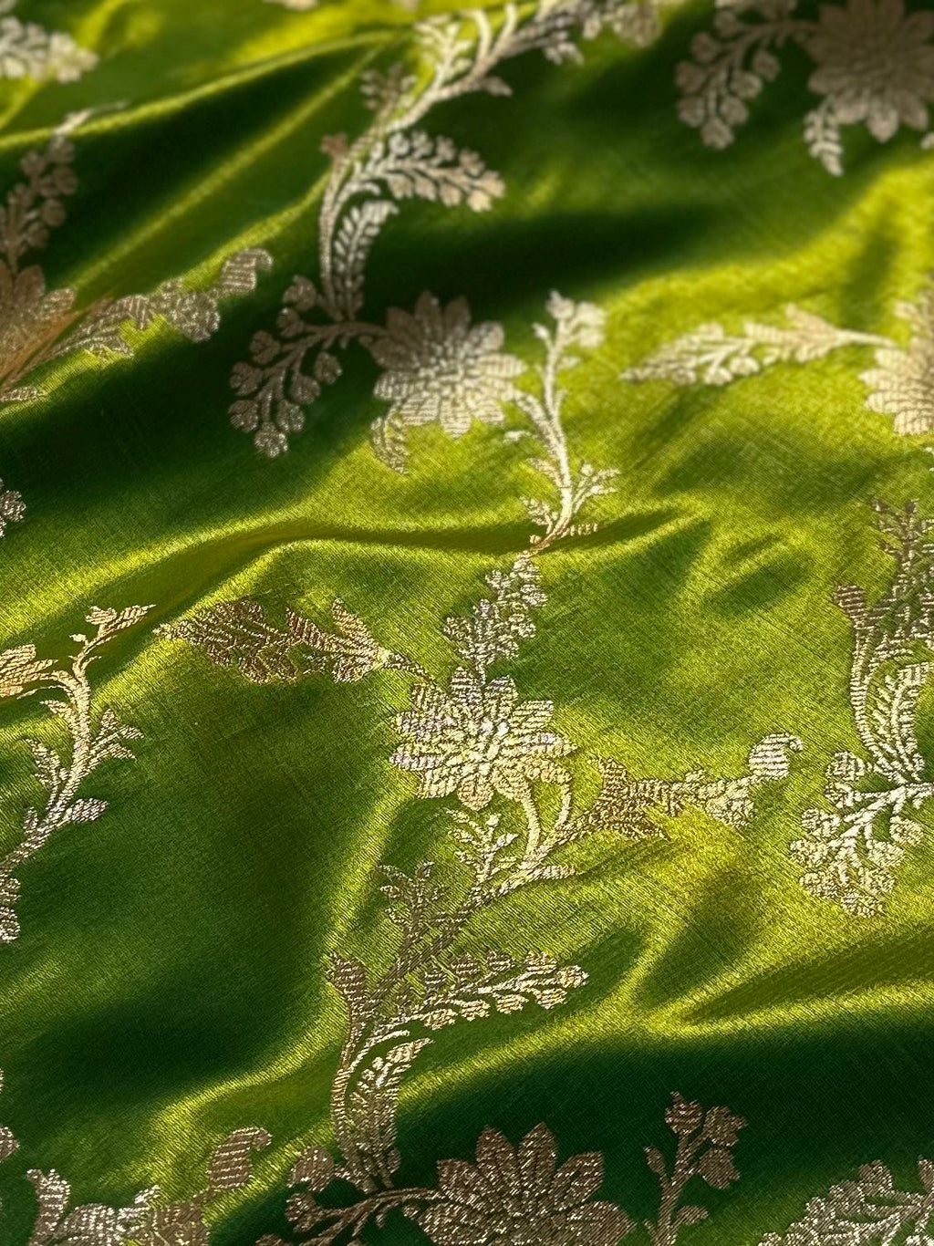 Lemon Green Satin Silk Banarasi Saree