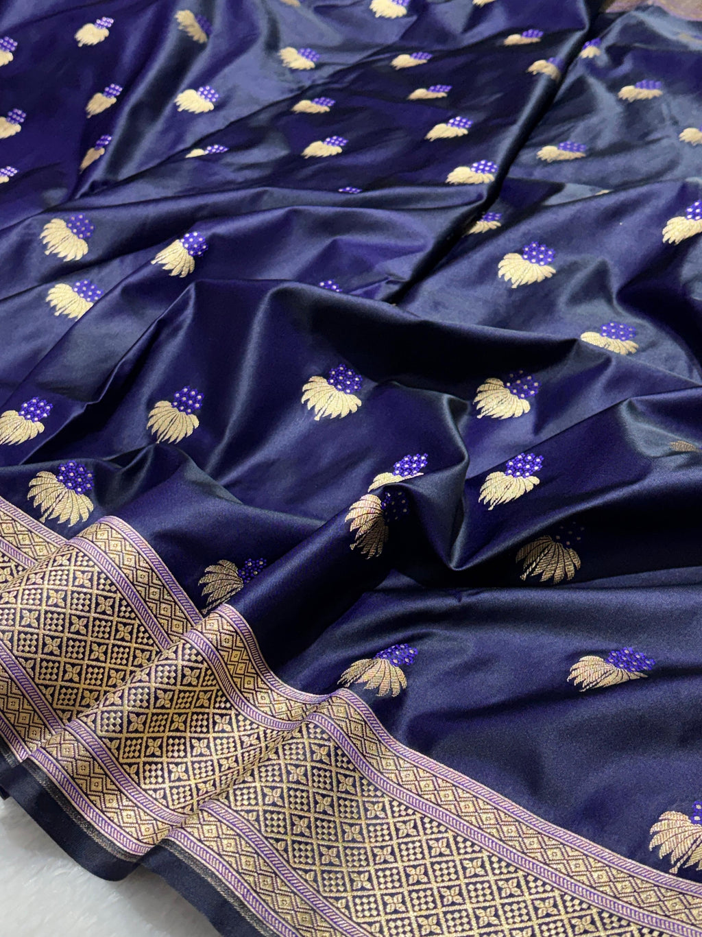 Navy Blue Mesmerising Mashru Silk Saree in Meena Buta pattern with gold zari