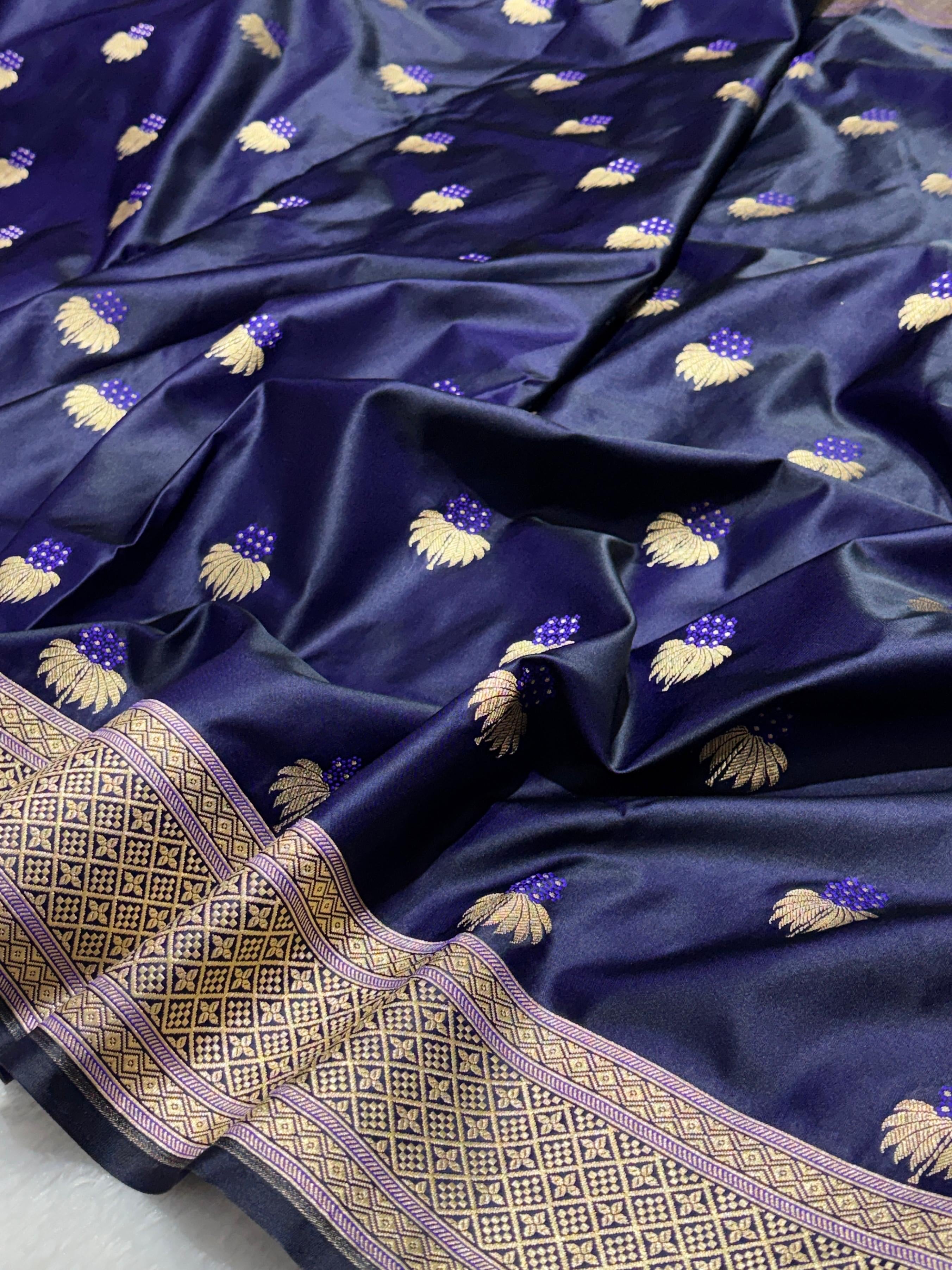 Navy Blue Mesmerising Mashru Silk Saree in Meena Buta pattern with gold zari