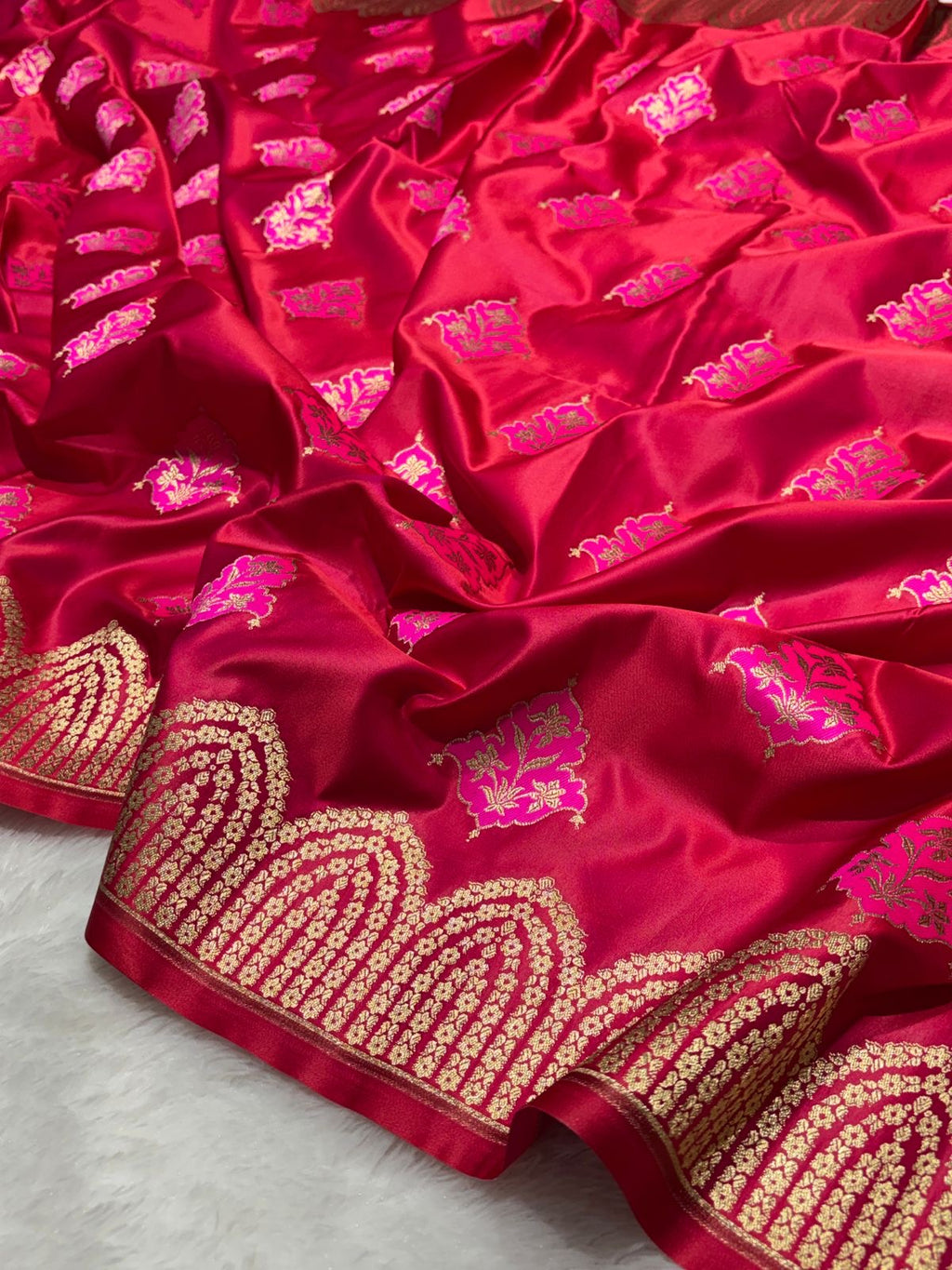 Rani Pink with Gold and Pink floral patterns Mashru SIlk Banarasi Saree