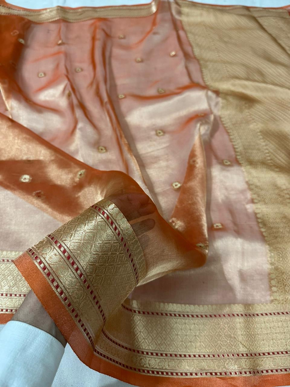 Peach Gold  Pure Banarasi Tissue Buta Saree