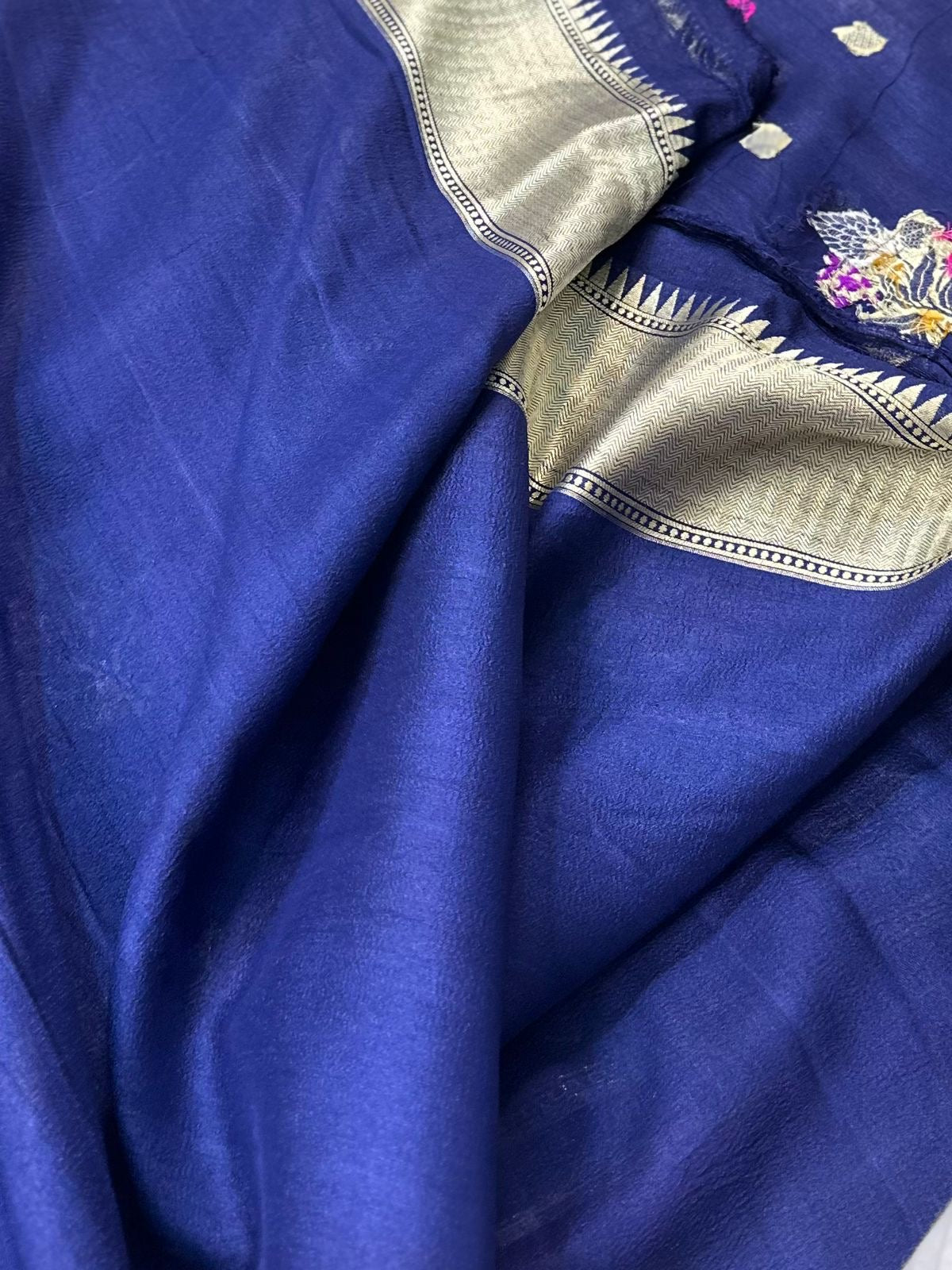 Pure Desi Tussar Navy Blue Meenakari Jangla Pattern