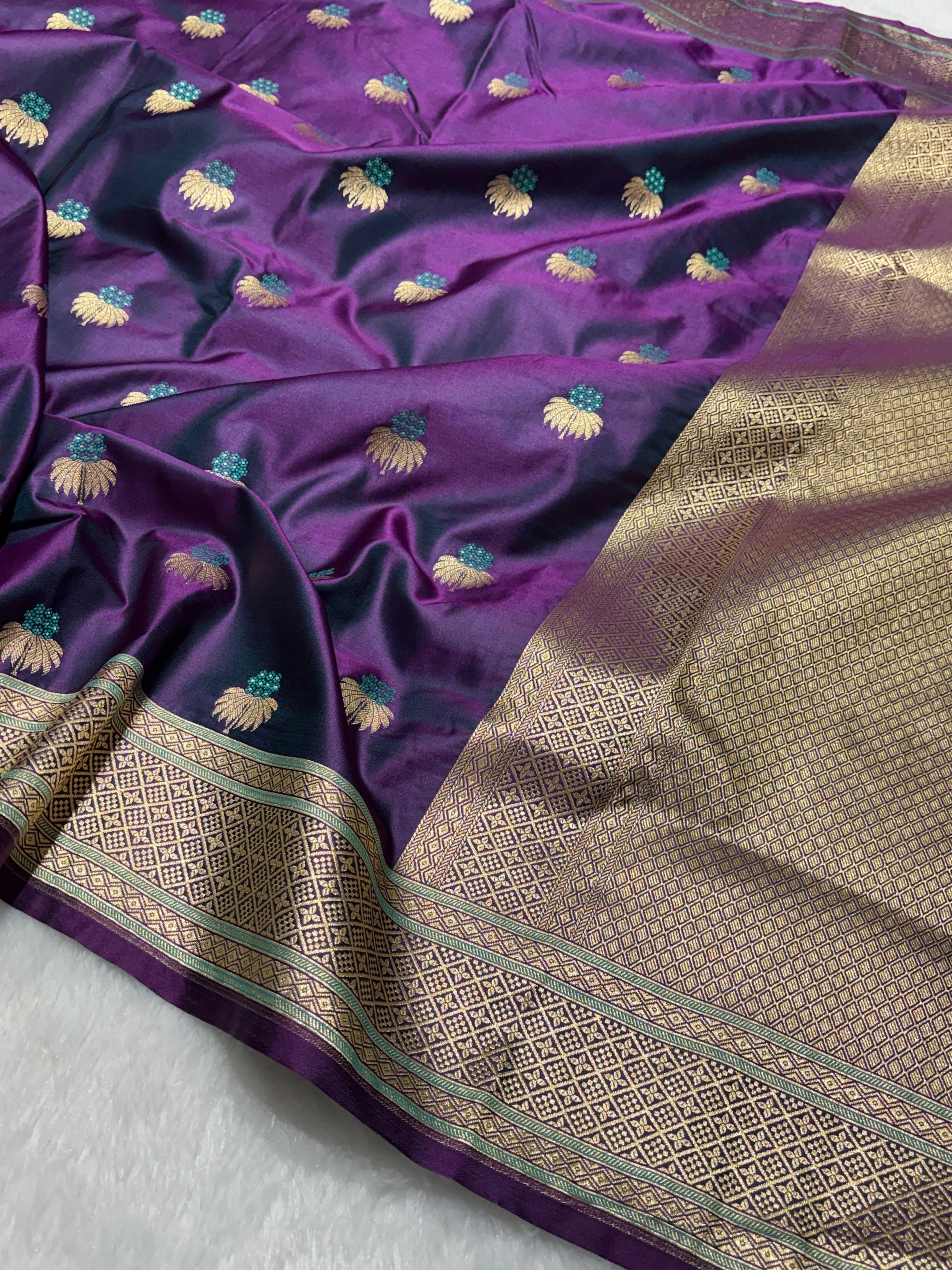 Purple saree with Gold Border and and Meena Buta in Intricate Patterns Mashru Silk Saree