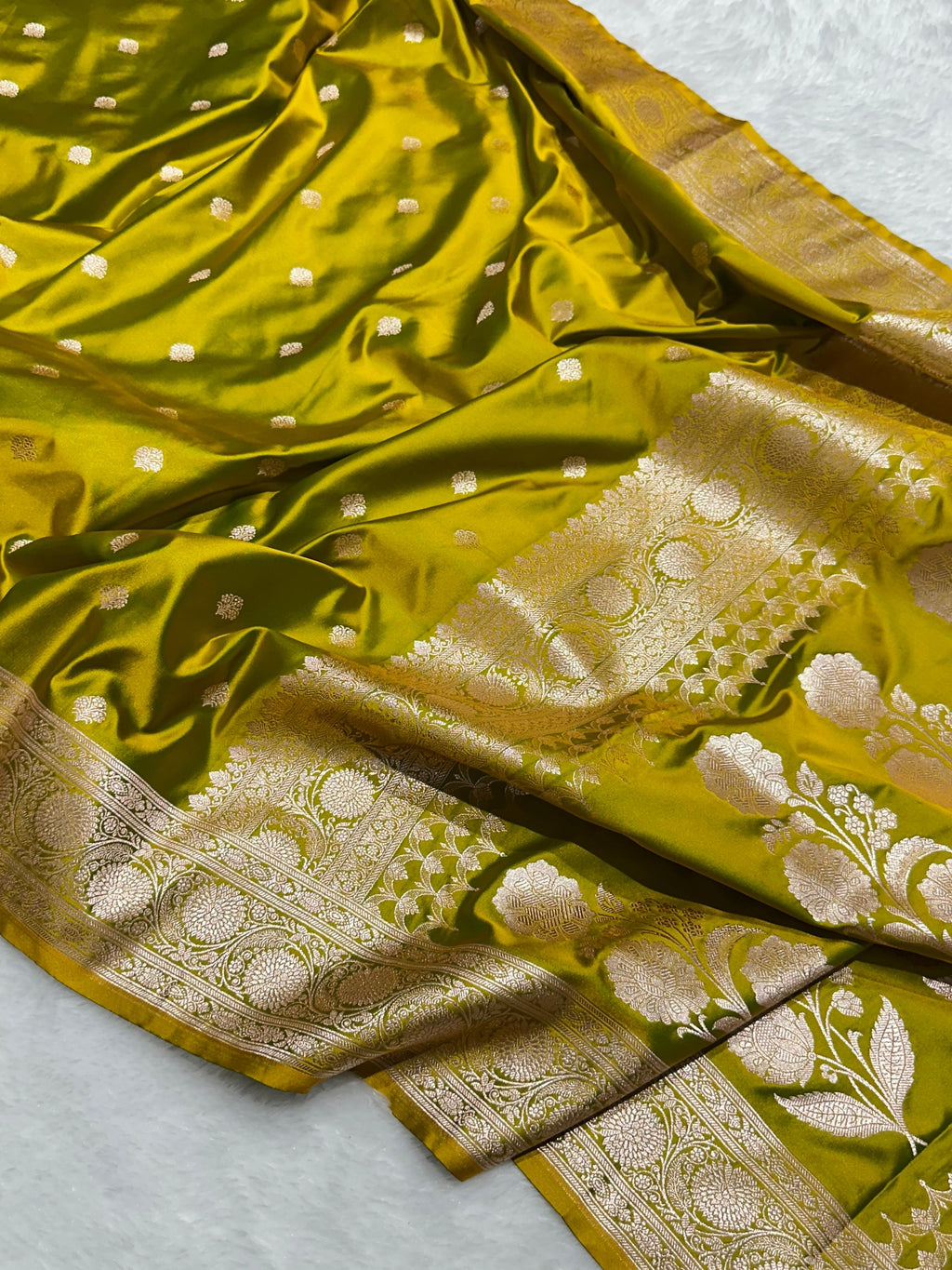 Mustard Green Buti Mashru Silk Banarasi Saree