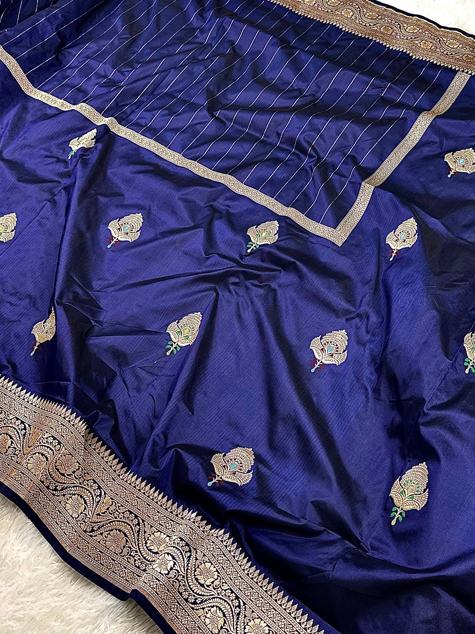 Navy Blue Pure Katan Handloom Kadua Weaved Banarasi Saree