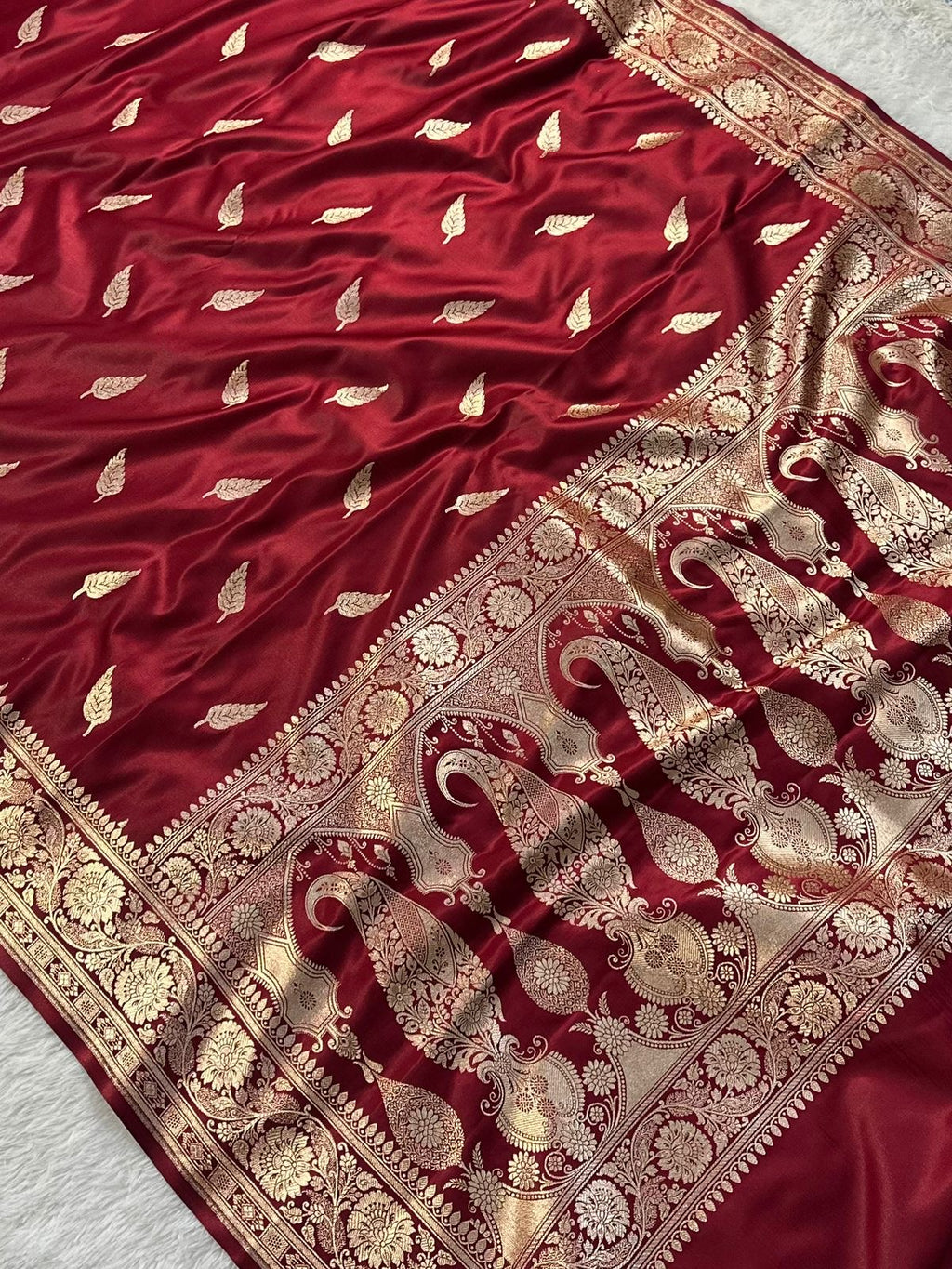 Bridal   Maroon   Booti   Satin   Silk   Saree
