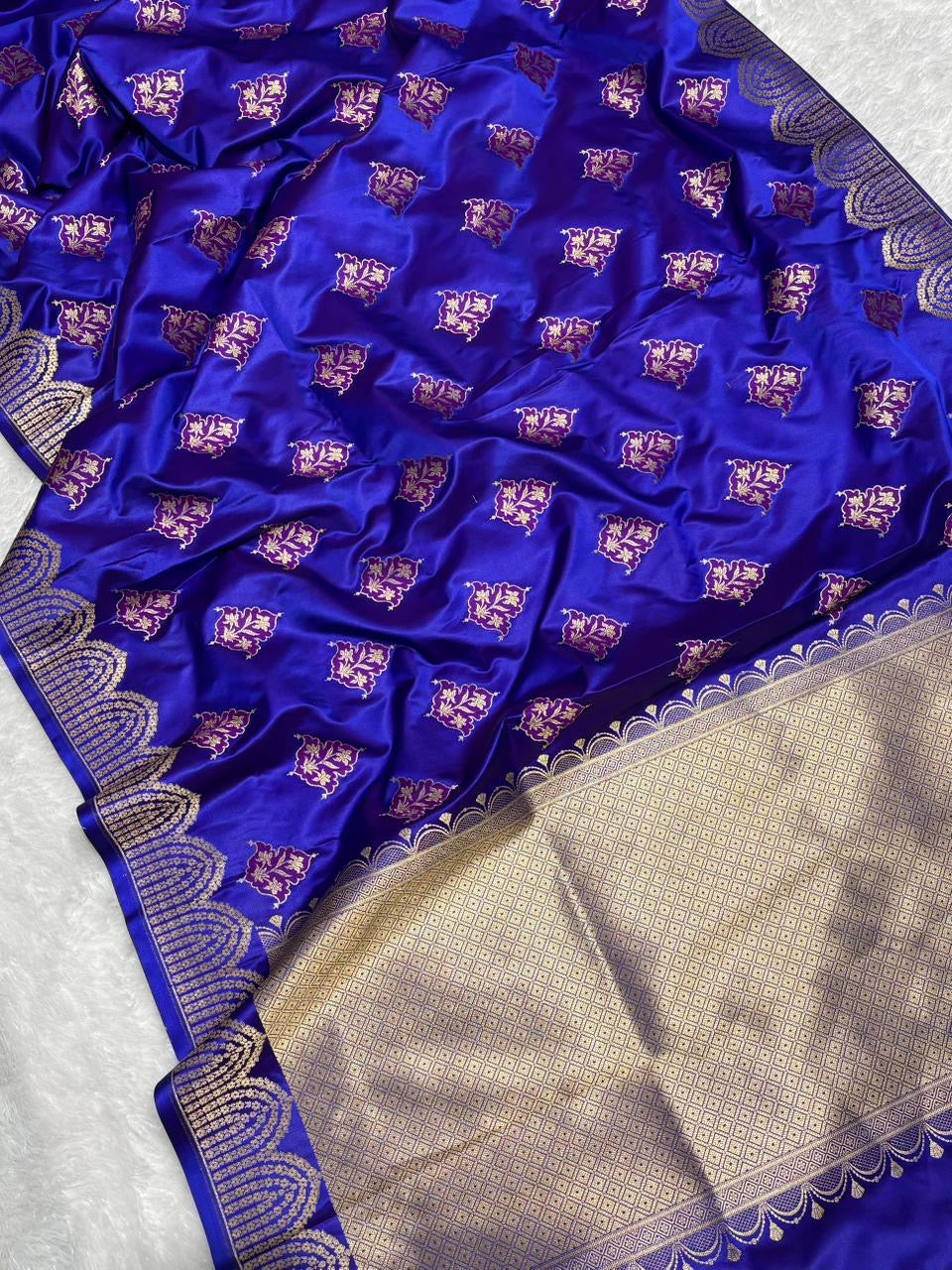 Royal Blue with Gold and Pink floral patterns Mashru SIlk Banarasi Saree