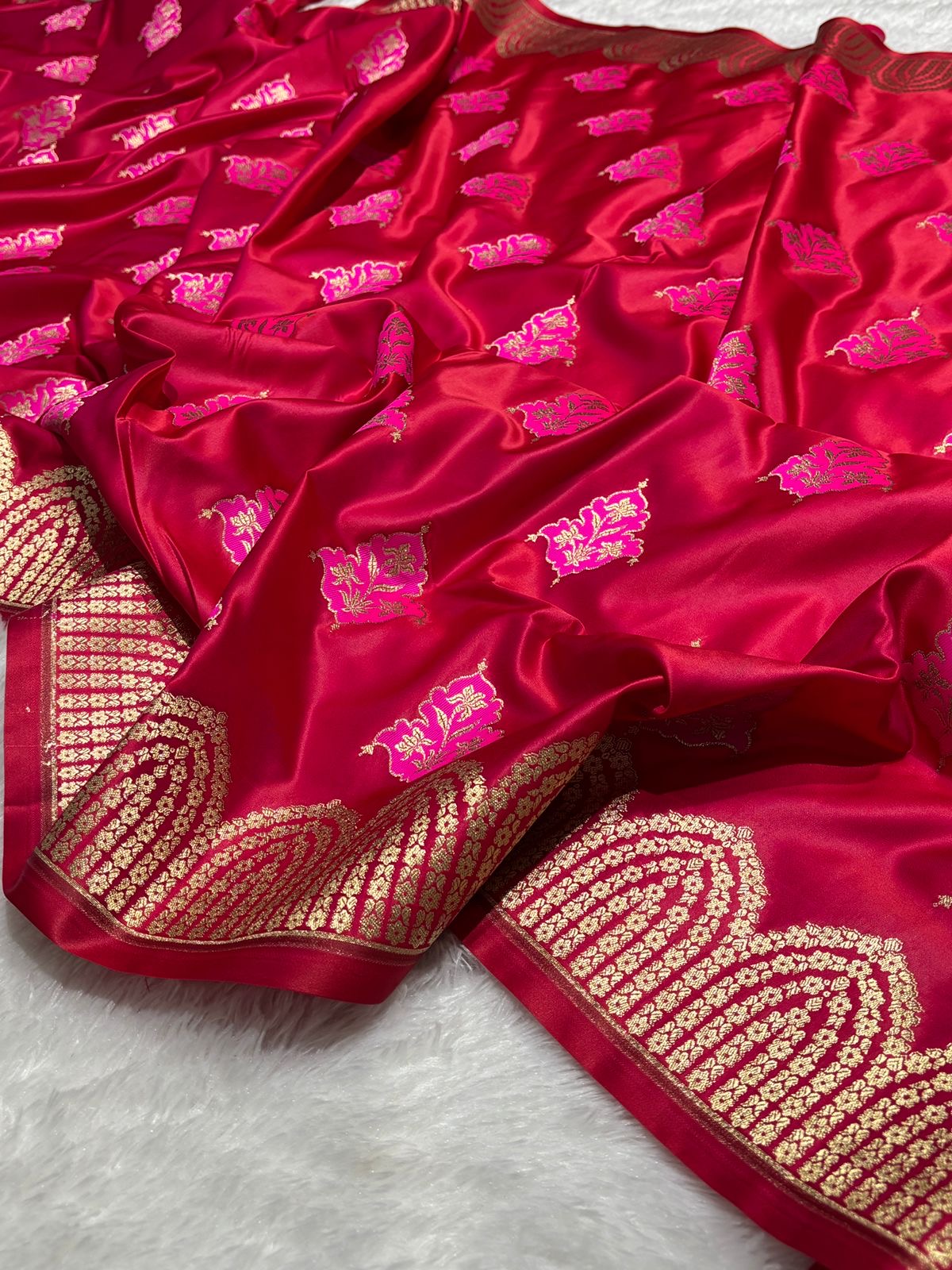 Rani Pink with Gold and Pink floral patterns Mashru SIlk Banarasi Saree