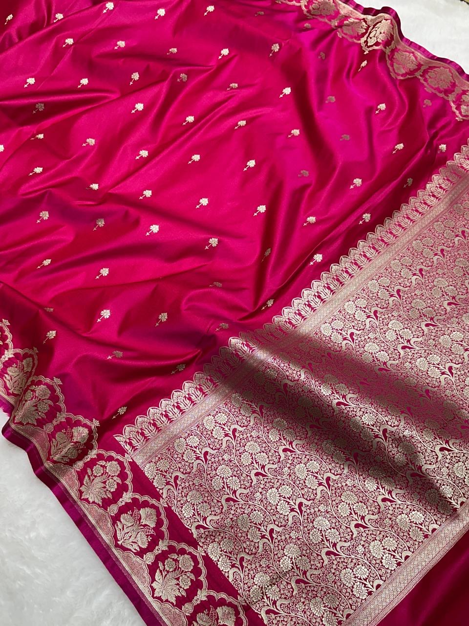 Rani Pink Shade Mashru With Gold Buti Saree and with Grand Pallu