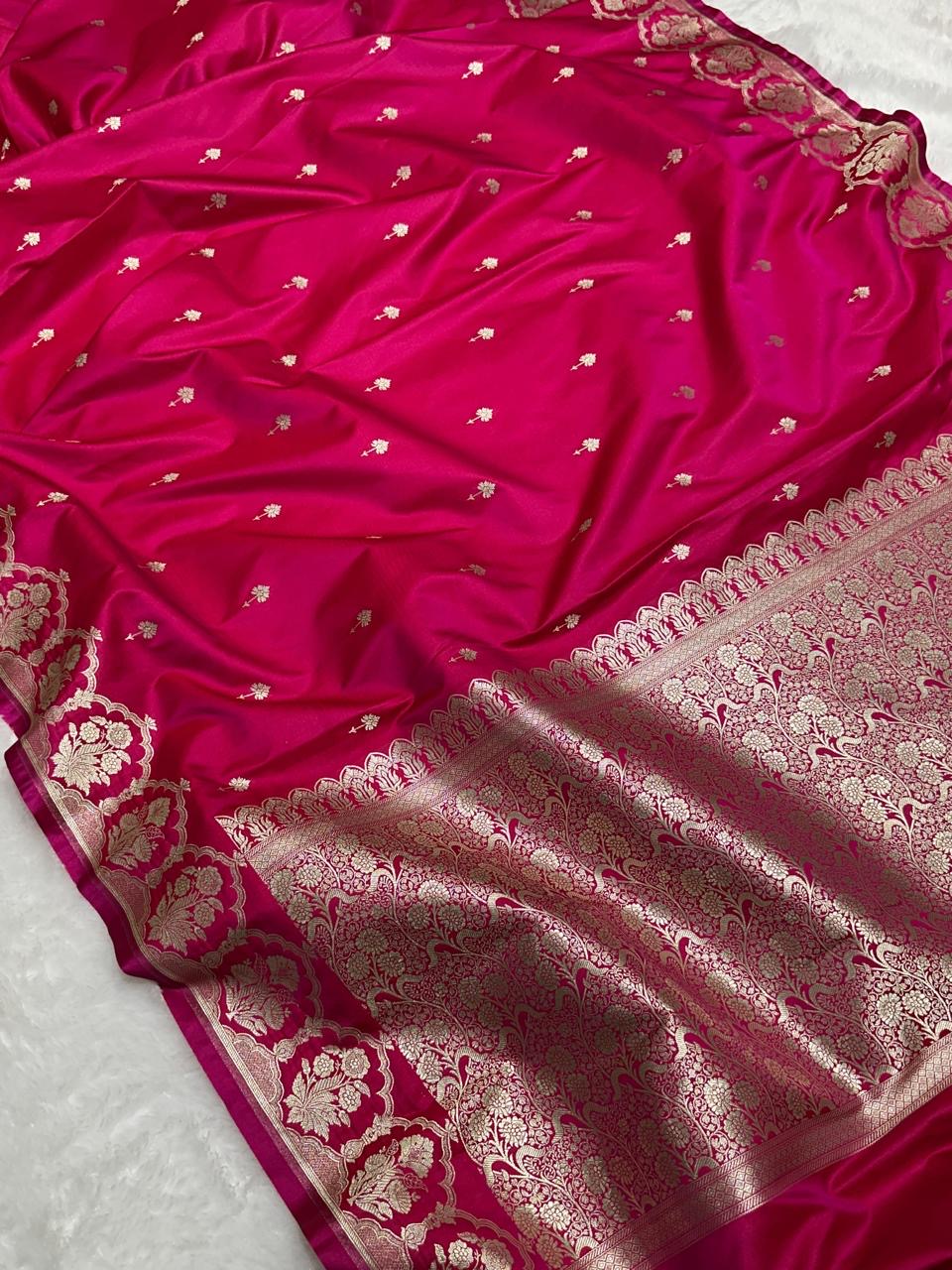 Rani Pink Shade Mashru With Gold Buti Saree and with Grand Pallu