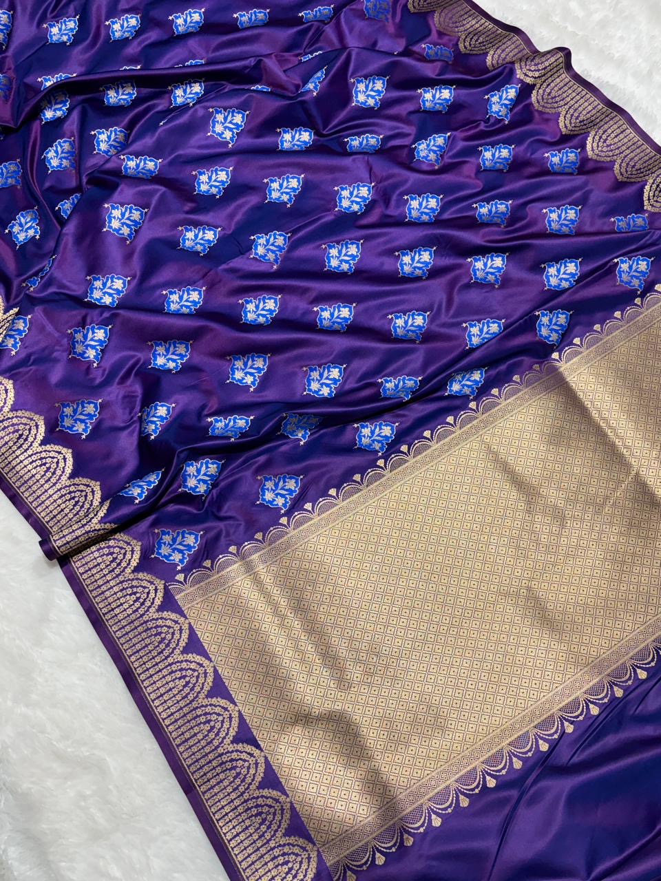 Purple with Gold and Blue floral patterns Mashru SIlk Banarasi Saree