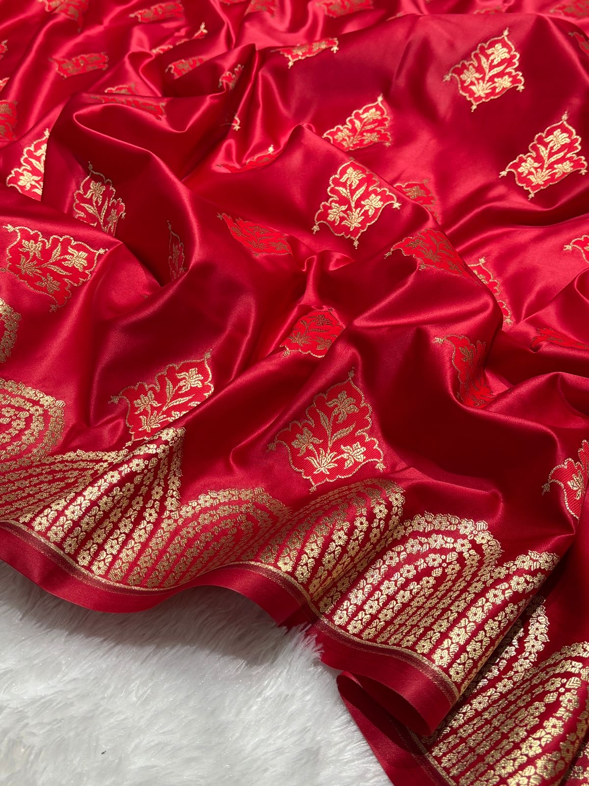Bridal Red with Gold and Red floral patterns Mashru SIlk Banarasi Saree
