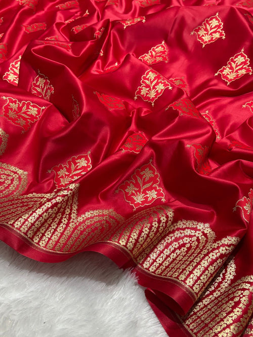 Bridal Red with Gold and Red floral patterns Mashru SIlk Banarasi Saree