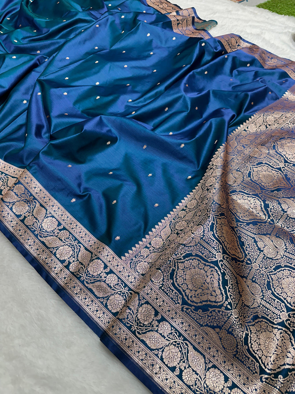 Premium Blue with Gold Buti Mashru Silk Saree with Grand Pallu